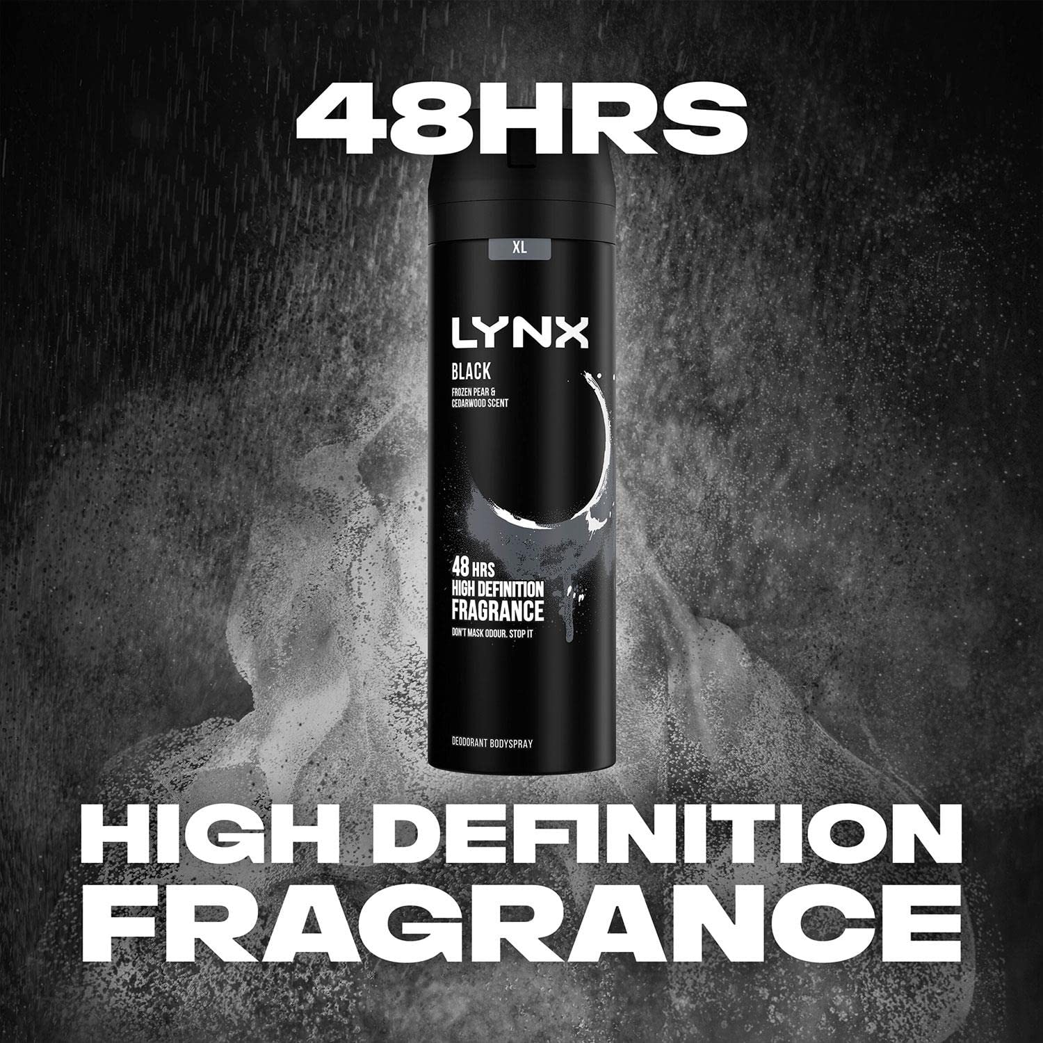 Lynx Pack of 6 XL Black 48 Hours High-Definition Fresh Frozen Pear & Cedarwood Scent Body Spray Deodorant with dual-action odor-busting zinc technology, 200ml