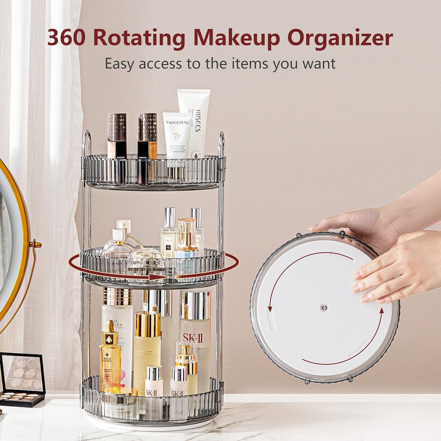 Bingobang Makeup Organiser 360 Rotating, Spinning 3 Tiers Skincare Cosmetic Organizer Acrylic Large, Tidy Storage Shelf for Perfume, Jewelery, Brush, Vanity Desk, Dresser, Bedroom, Bathroom (Grey)