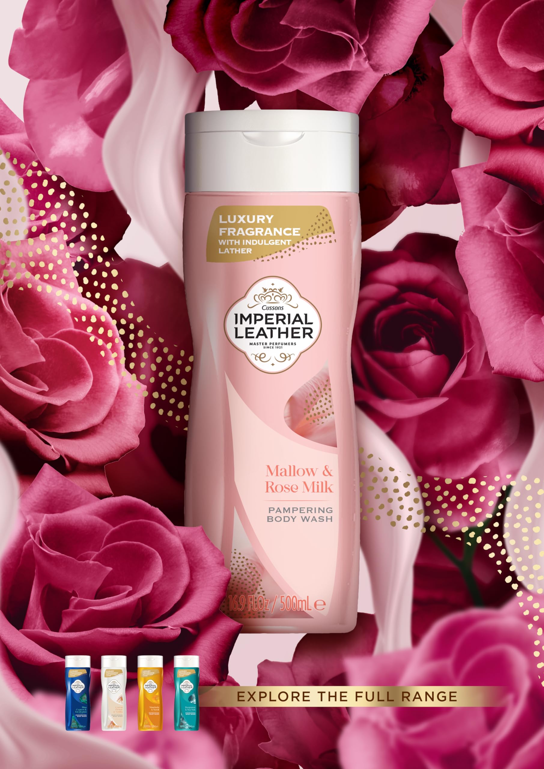 Imperial Leather Mallow & Rose Milk Pampering Body Wash Shower Gel, Signature Oil Blend, Creamy Lather, Gentle Skin Care, Bulk Buy, Pack of 6x500ml