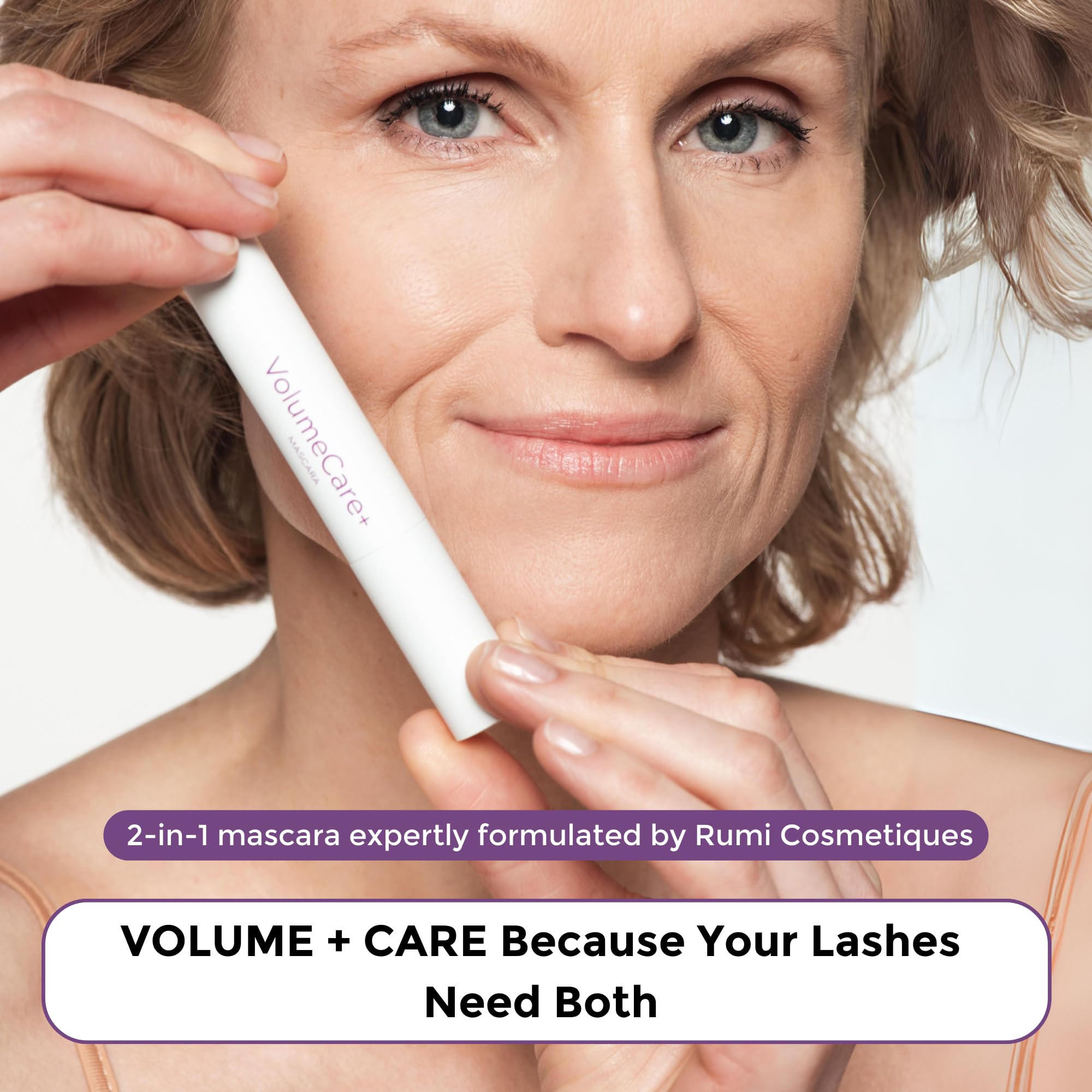 Rumi Cosmetiques VolumeCare+ Mascara For Older Women - Extreme Length and Volume 2-in-1 Formula - No Clumps, Long-wearing, Hypoallergenic Mascara For Sensitive Eyes (Dark Brown)