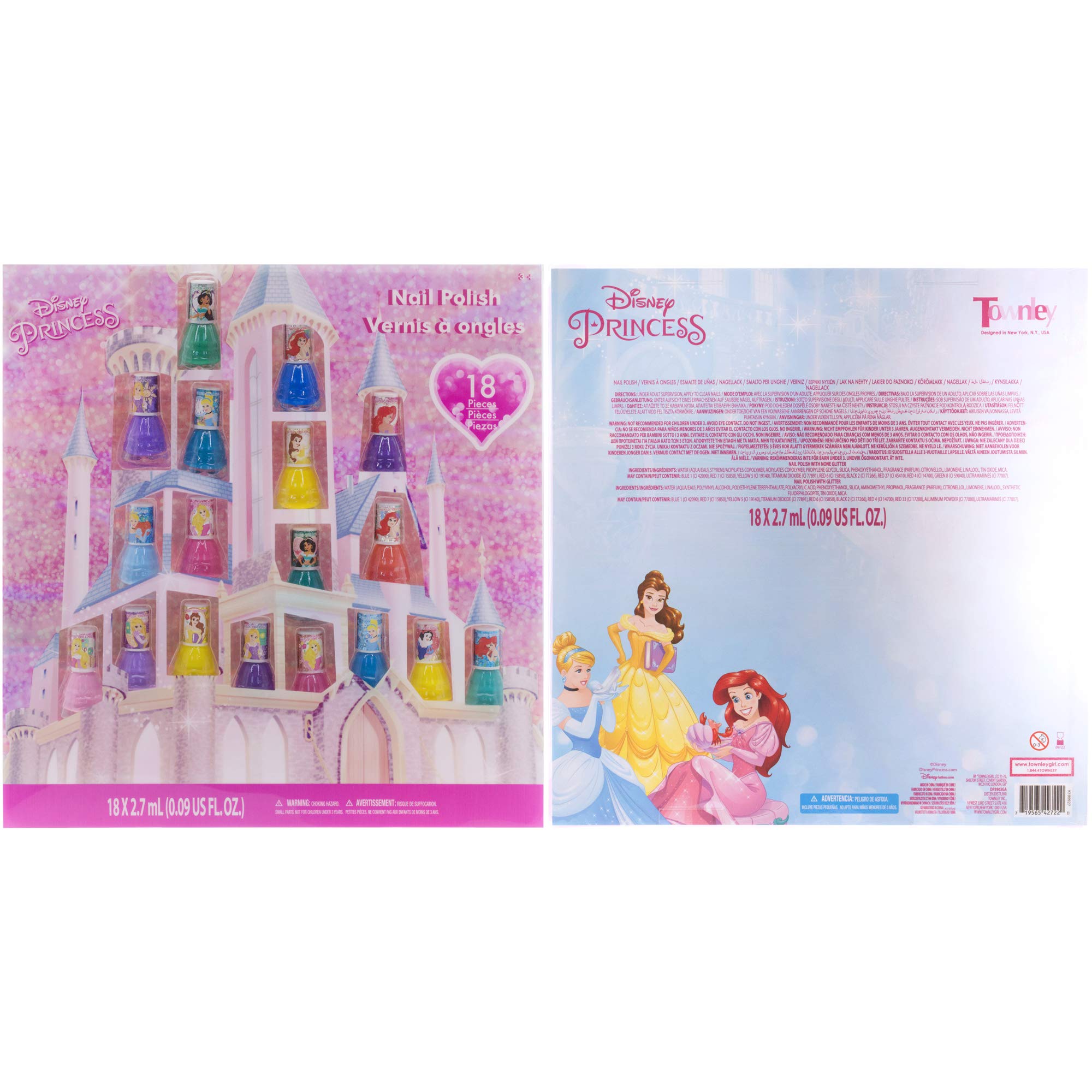 Disney Princess 18 Piece Water-Based Nail Polish Set, Castle Theme, Quick Dry and Peels-Off, Nail Paint Set for Girls, Perfect for Parties, Sleepovers and Makeovers, Ages 3+, By Townley Girl