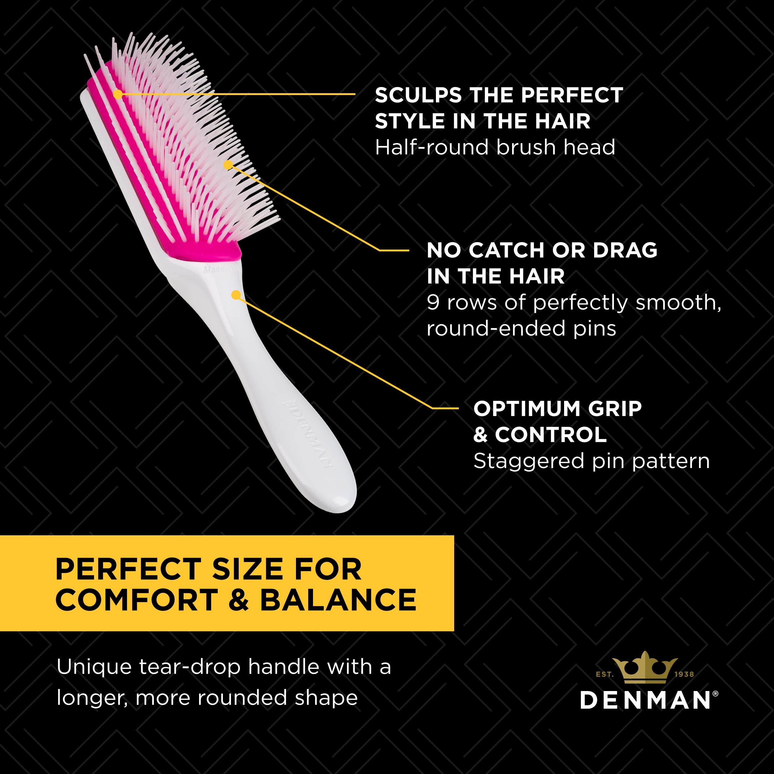 Denman Curly Hair Brush D4 (Cherry Blossom) 9 Row Styling Brush for Styling, Smoothing Longer Hair and Defining Curls - For Women and Men