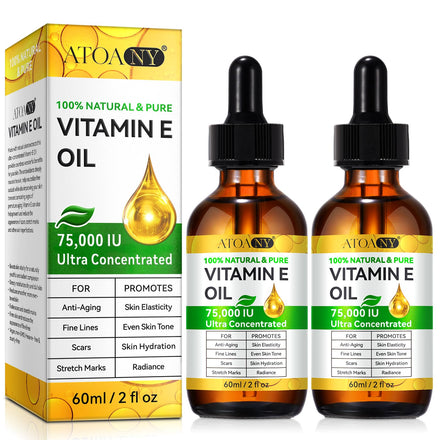 Vitamin E Oil 75,000 IU 2 Pack - 100% Organic Pure Vitamin E Oil for Skin, Face, Hair, Body - Natural Antioxidant for Dryness, Wrinkles, Scars & Stretch Marks, Deep Hydration for Soft, Glowing Skin