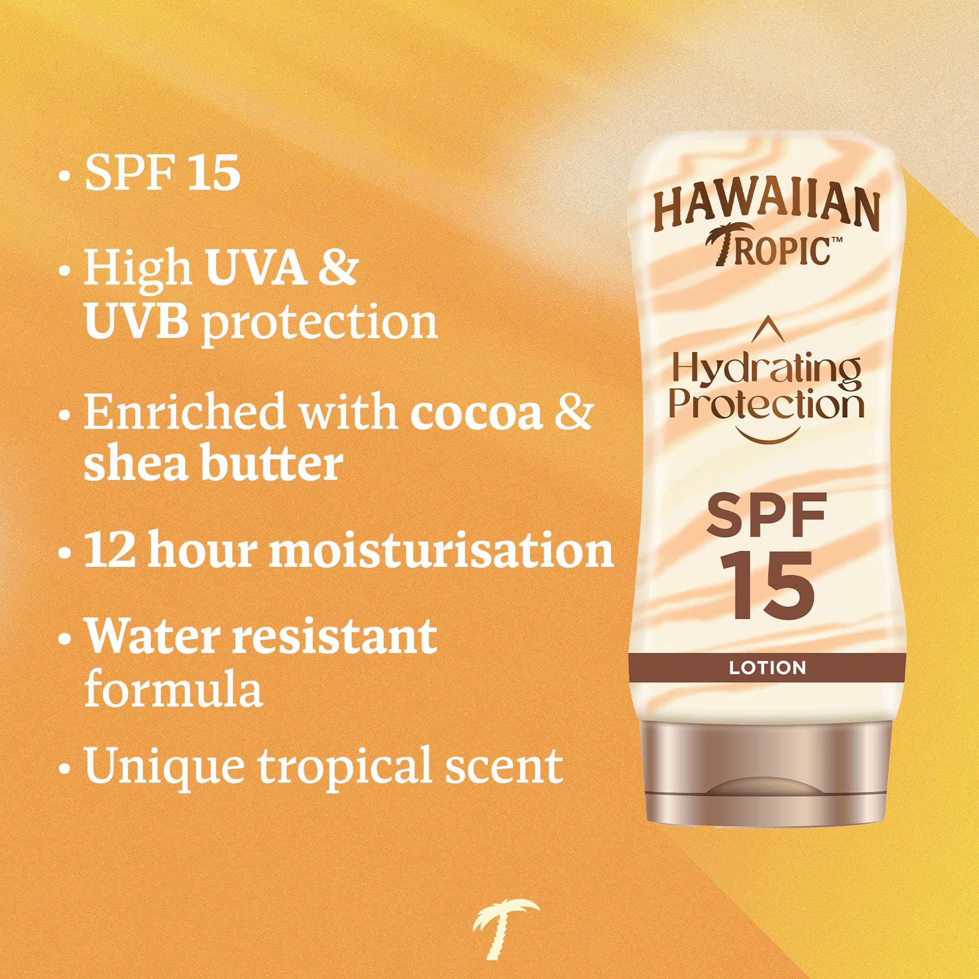 Hawaiian Tropic Hydrating Protection Sunscreen Lotion, Water Resistant SPF 15 UVA + UVB Protection Suncream, 12-Hour Moisturising Sun Lotion with Cocoa and Shea Butter, 180 ml