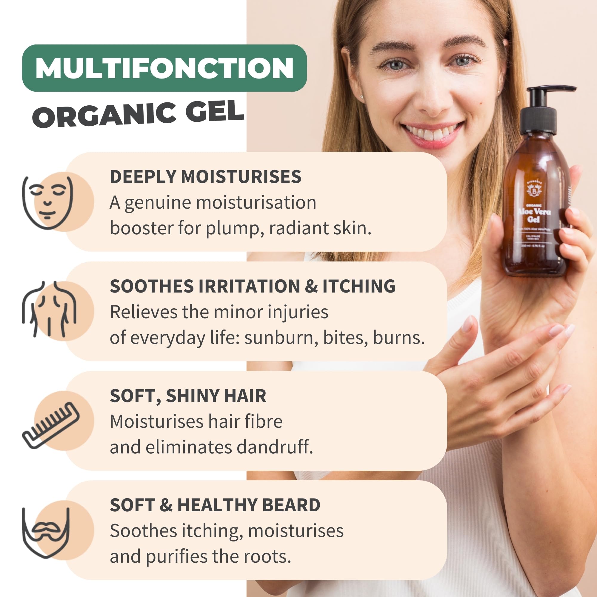 Bionoble Organic Aloe Vera Gel 200ml - Made with 100% Pure Fresh Aloe Pulp and Organic Lavender - Xanthan Free - Face, Eye Contour, Body, Hair - Glass Bottle + Pump
