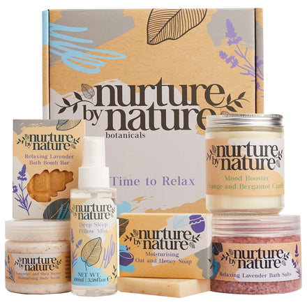 Nurture by Nature RELAX & CALM Pamper Gifts for Women - Mothers Day Hamper - Relaxation Gifts for Women with Lavender Mist, Bath Salts, Candle & More - Bath Sets, Mothers Day Gifts, Spa Sets