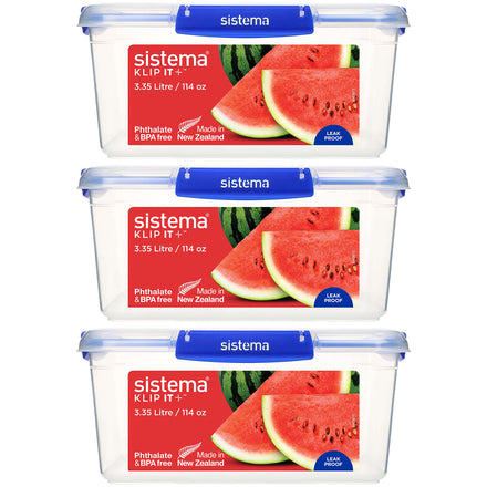 Sistema KLIP IT PLUS Food Storage Containers | 3.35 L | Leak-Proof, Stackable & Airtight Fridge/Freezer Containers with Lids | BPA-Free Plastic | Blue Clips | 3 Count