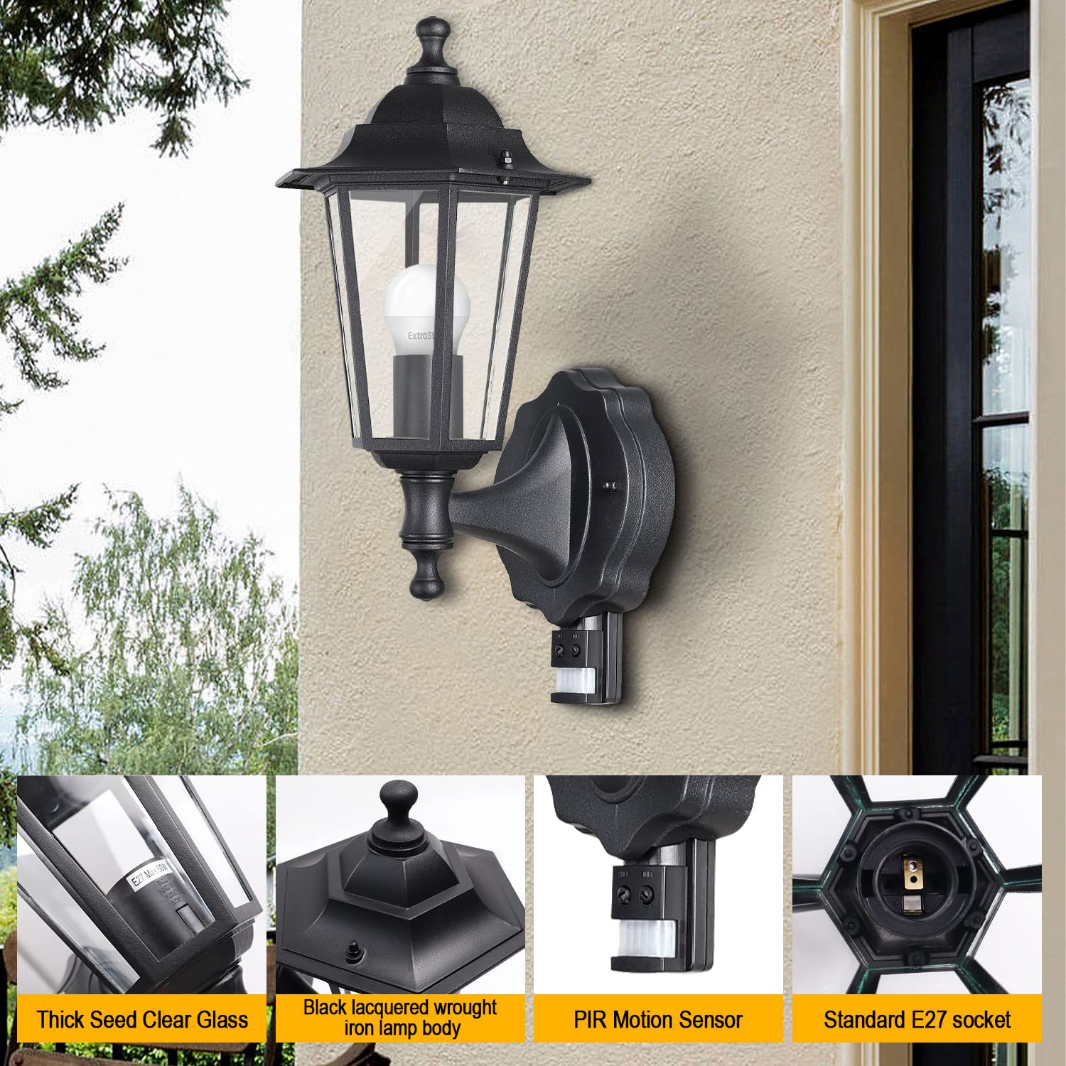 EXTRASTAR Outdoor 6 Sided Black Wall Lantern Security Light with PIR Motion Sensor IP44 Weatherproof with Lamp E27