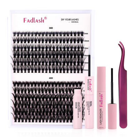 FADLASH DIY Lash Extension Kit Individual Lashes Clusters30P+40P D Curl 8-16mm Lash Bond and Seal, Clusters Lash Glue Remover and Eyelash Tweezers for Eyelash Extensions
