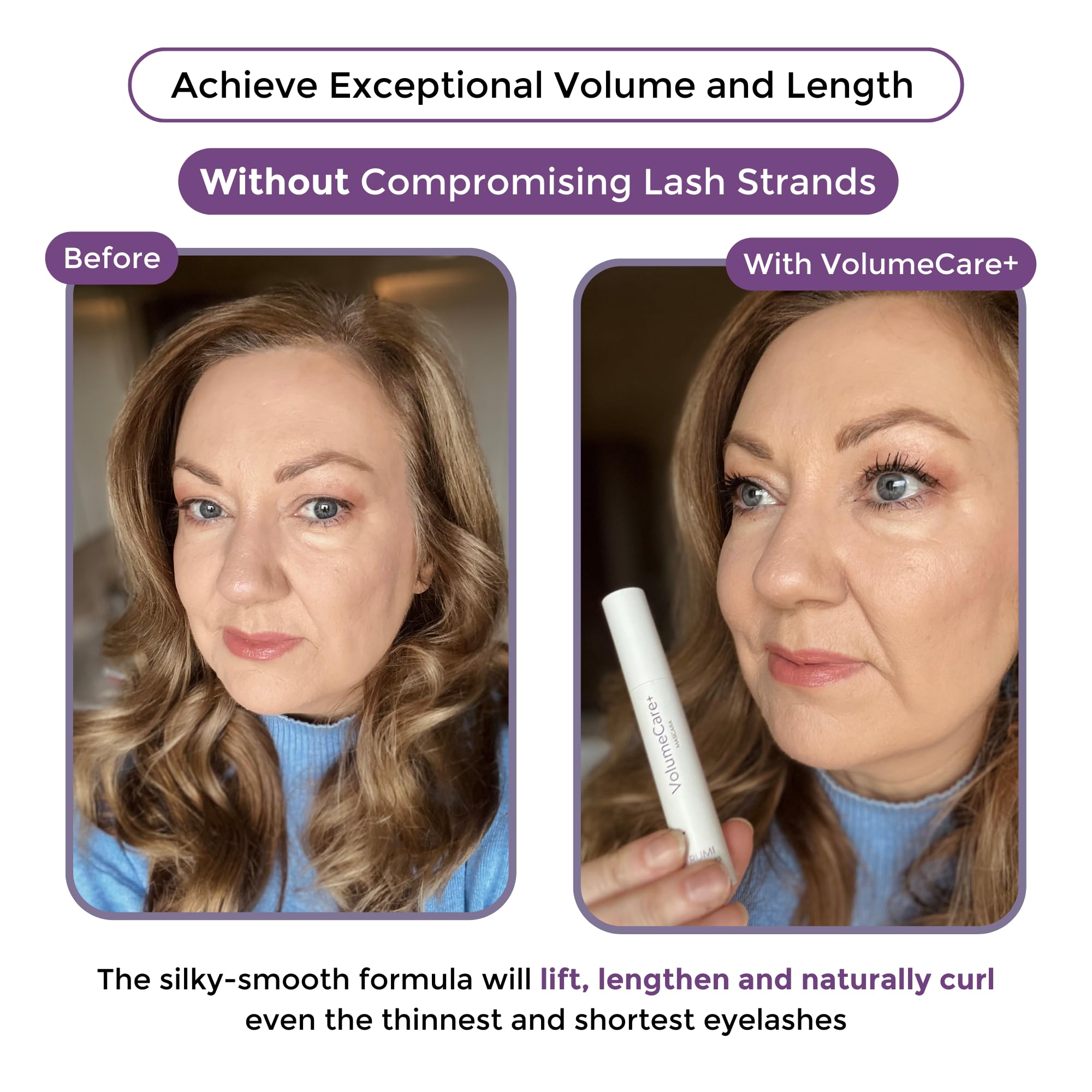 Rumi Cosmetiques VolumeCare+ Mascara For Older Women - Extreme Length and Volume 2-in-1 Formula - No Clumps, Long-wearing, Hypoallergenic Mascara For Sensitive Eyes (Dark Brown)