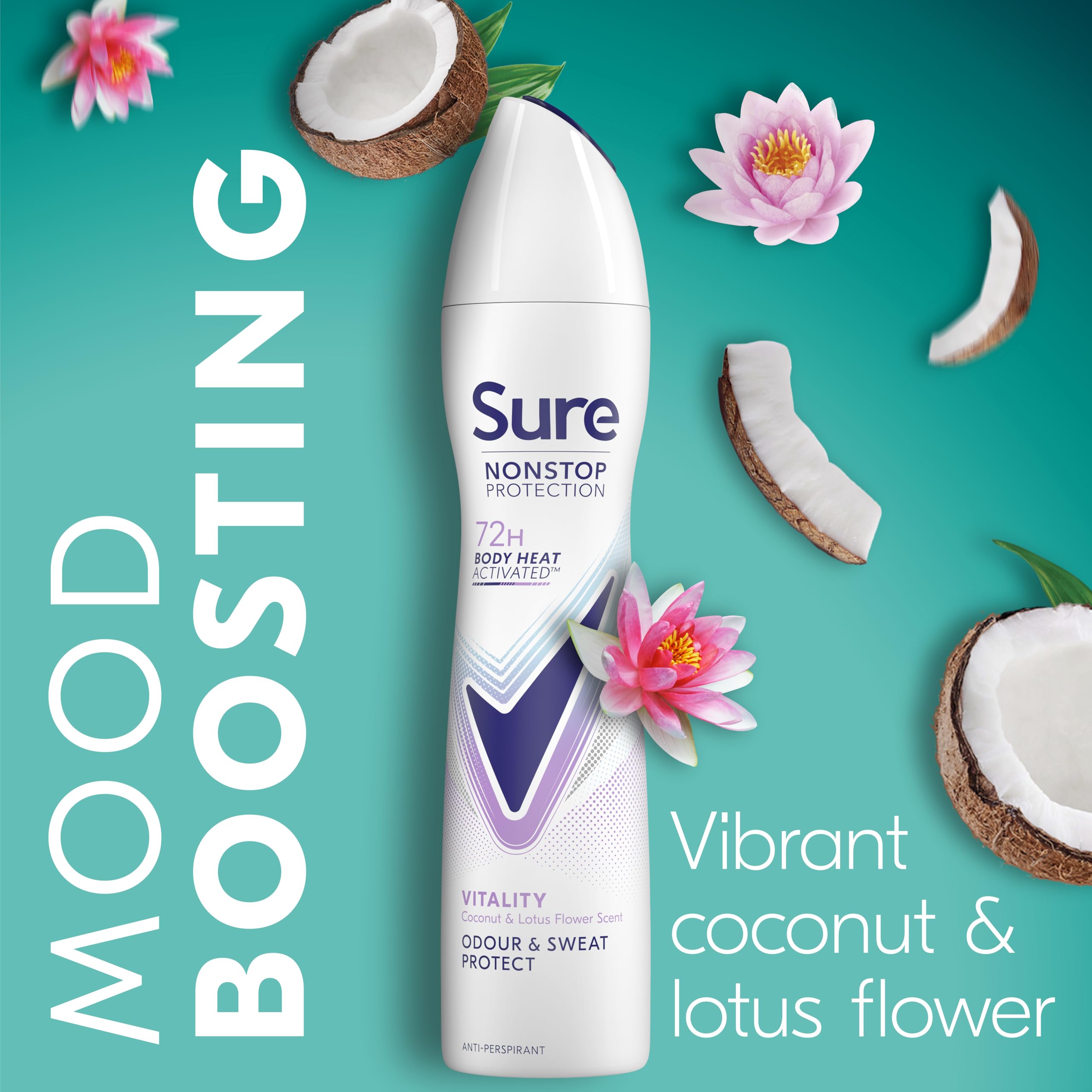 Sure Nonstop Protection Vitality Anti-Perspirant Aerosol Women's Deodorant Spray with Body Heat Activated tech. and a coconut & lotus flower scent for 72 hour odour and sweat protection 6x 250 ml
