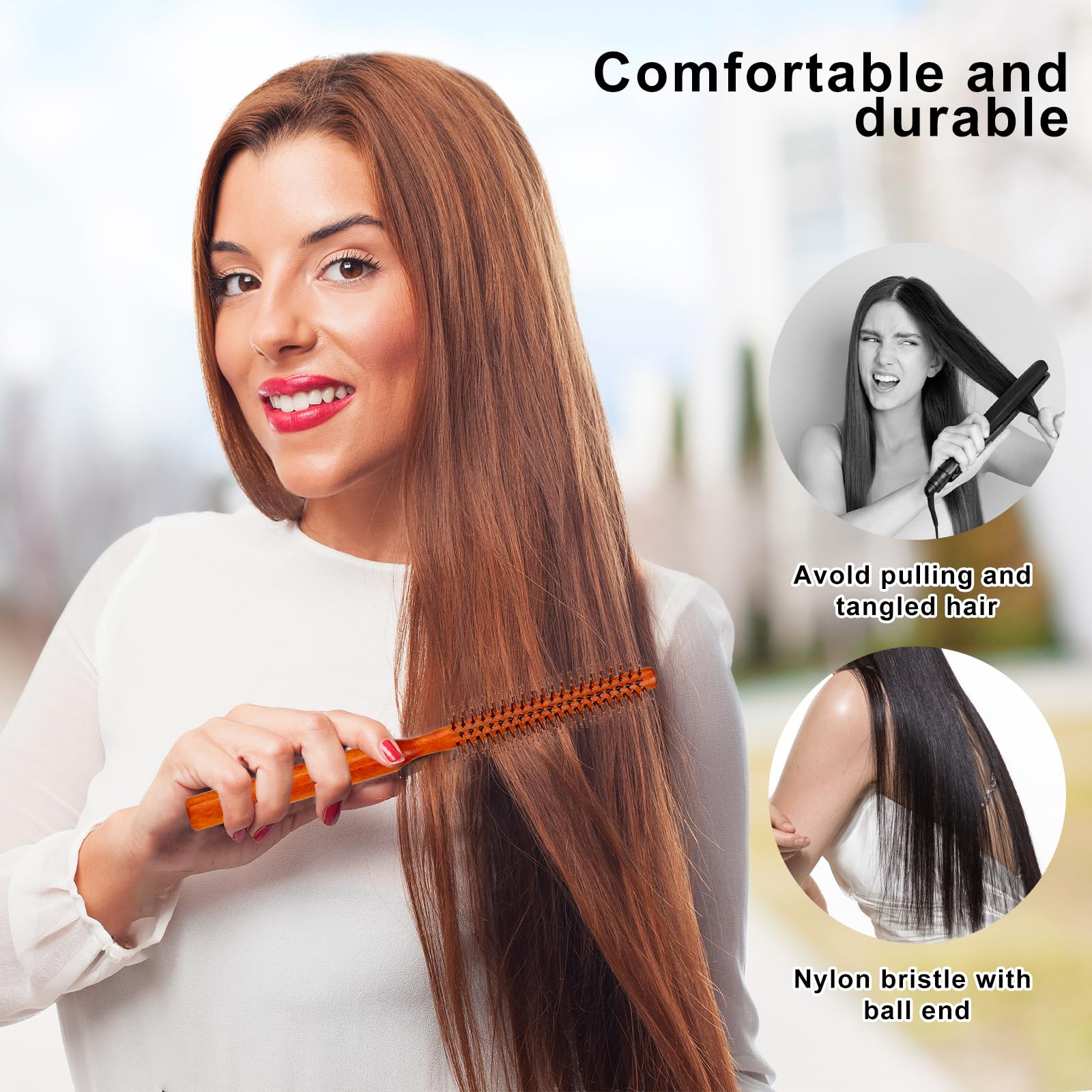 Mozeat Lens Small Round Hair Brush, Wooden Handle, Nylon Bristles, Travel Size, Adds Volume and Facilitates Styling and Curling of Short Hair, Unisex, Brown