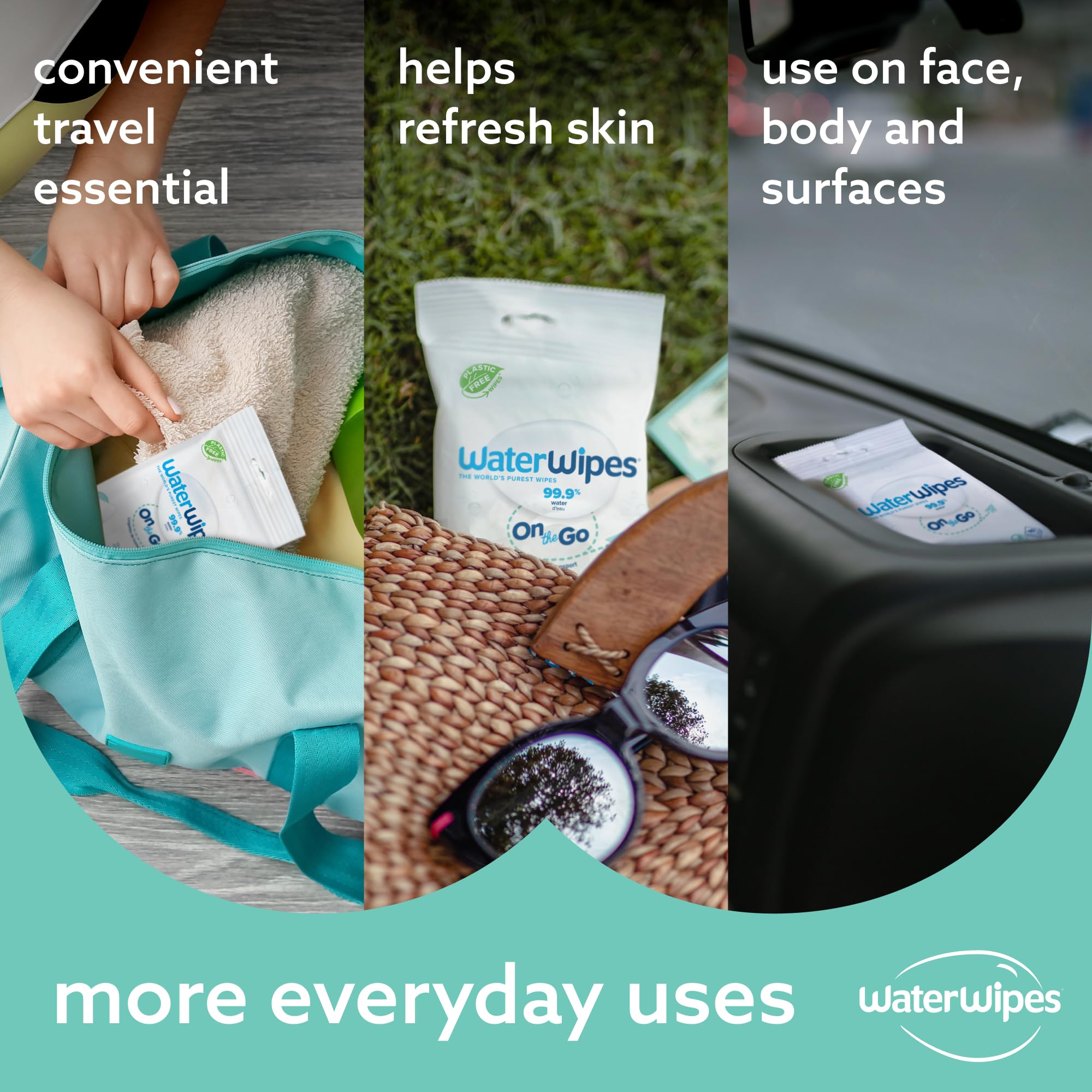 WaterWipes On The Go Wipes, 224 Count (8 Packs), 99.9% Water-Based Wipes for Travel, Sports, and to Refresh Skin, Unscented, Packaging May Vary