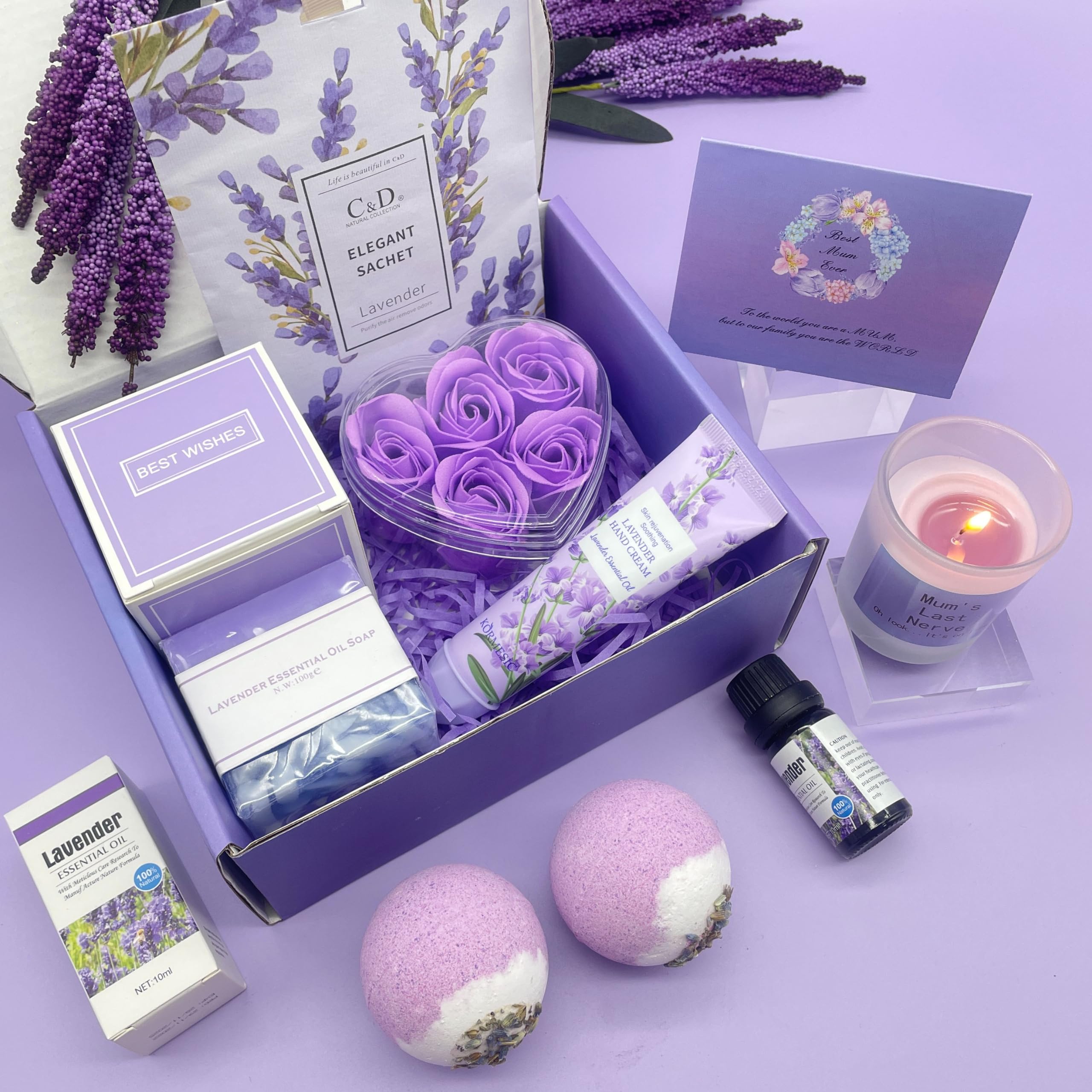 Mothers Day Pamper Gifts for Mum, Mum Birthday Gifts,Gift Set for Women, Unique Lavender Self Care Mummy Gifts, Best Mum Gifts, Relaxation Spa Bath Set for Her, Get Well Soon Gift Ideas for Mother