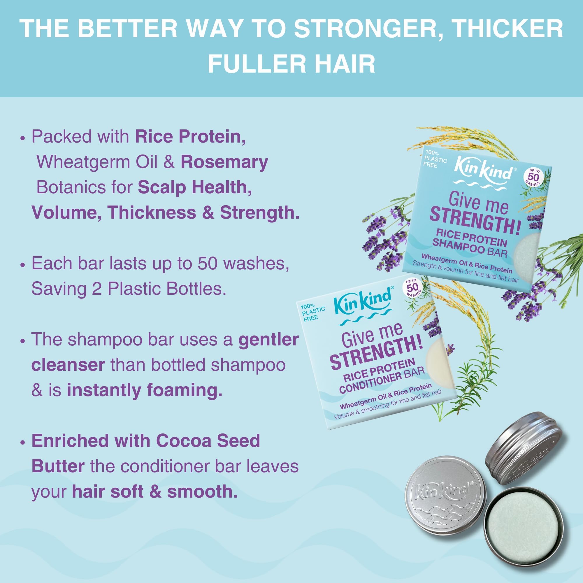 KinKind Travel Rice Water Shampoo and Conditioner Bar Set for Hair Growth. Up to 50 washes. Give me STRENGTH! Rice Solid Shampoo Bar and Conditioner Bars for hair UK Made with 2 soap shampoo bar tins