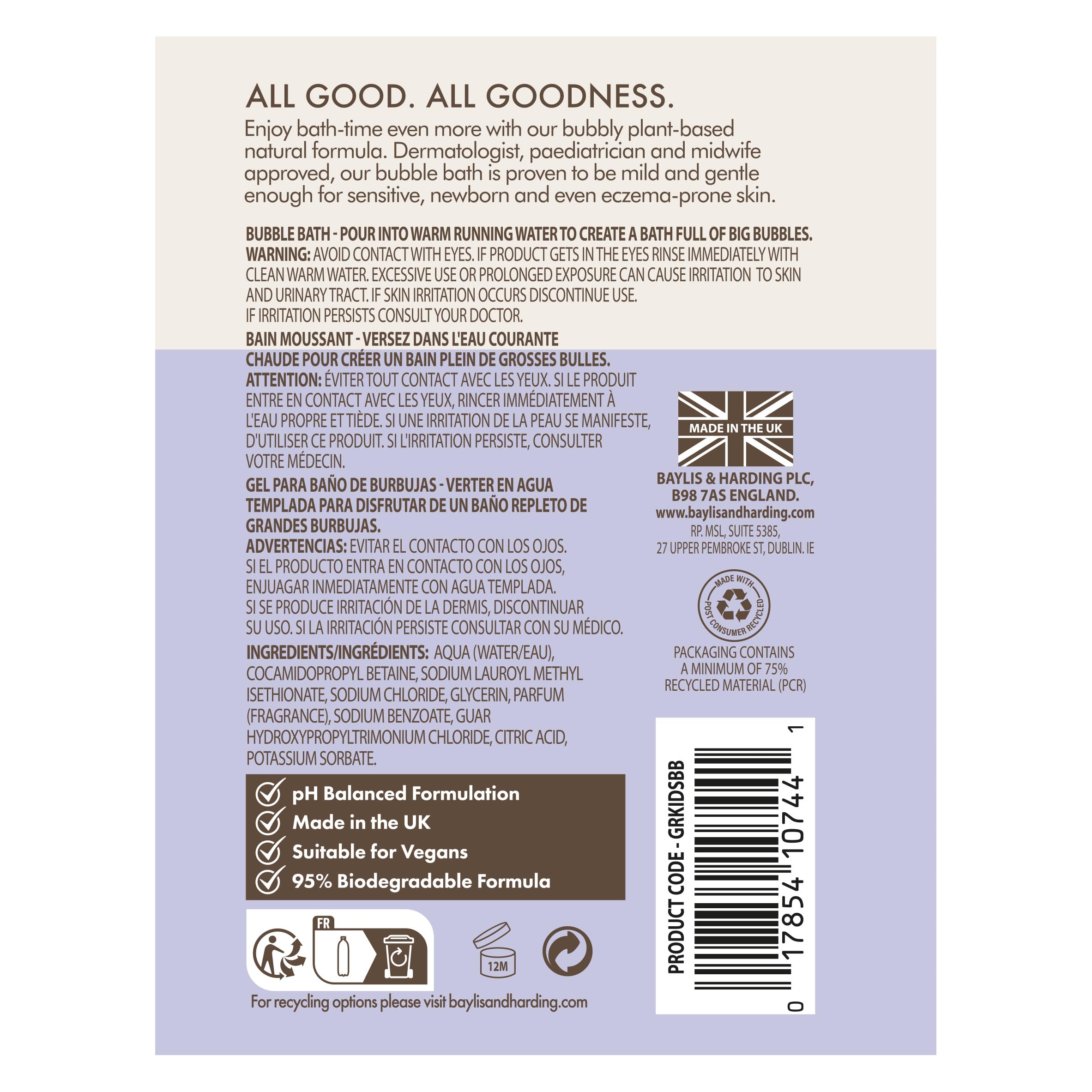 Baylis & Harding Goodness Kids Lavender & Vanilla Natural Bubble Bath, 500 ml (Pack of 3) - Vegan Friendly