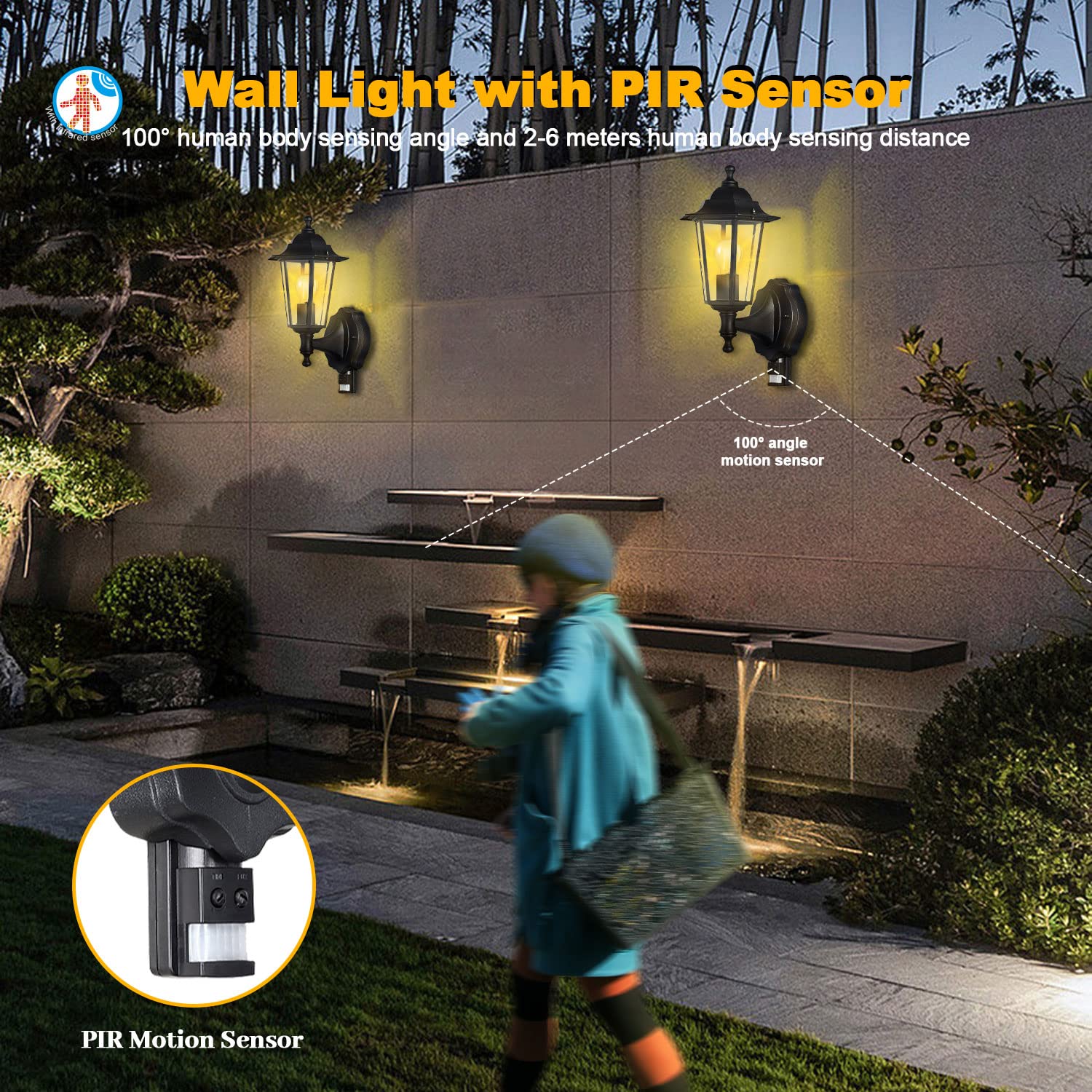 EXTRASTAR Outdoor 6 Sided Black Wall Lantern Security Light with PIR Motion Sensor IP44 Weatherproof with Lamp E27
