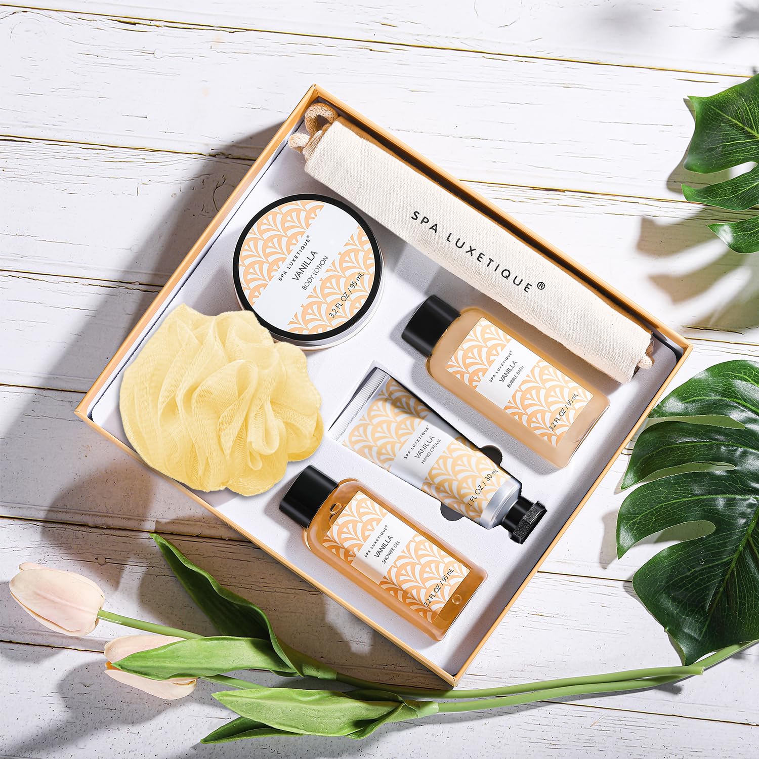 Spa Luxetique Spa Gift Set, 6pcs Vanilla Bath Gifts for Women, Travel Gift Box with Hand Cream, Body Lotion, Shower Gel, Bubble Bath, Mothers Day Gifts, Valentine's Gifts for Her