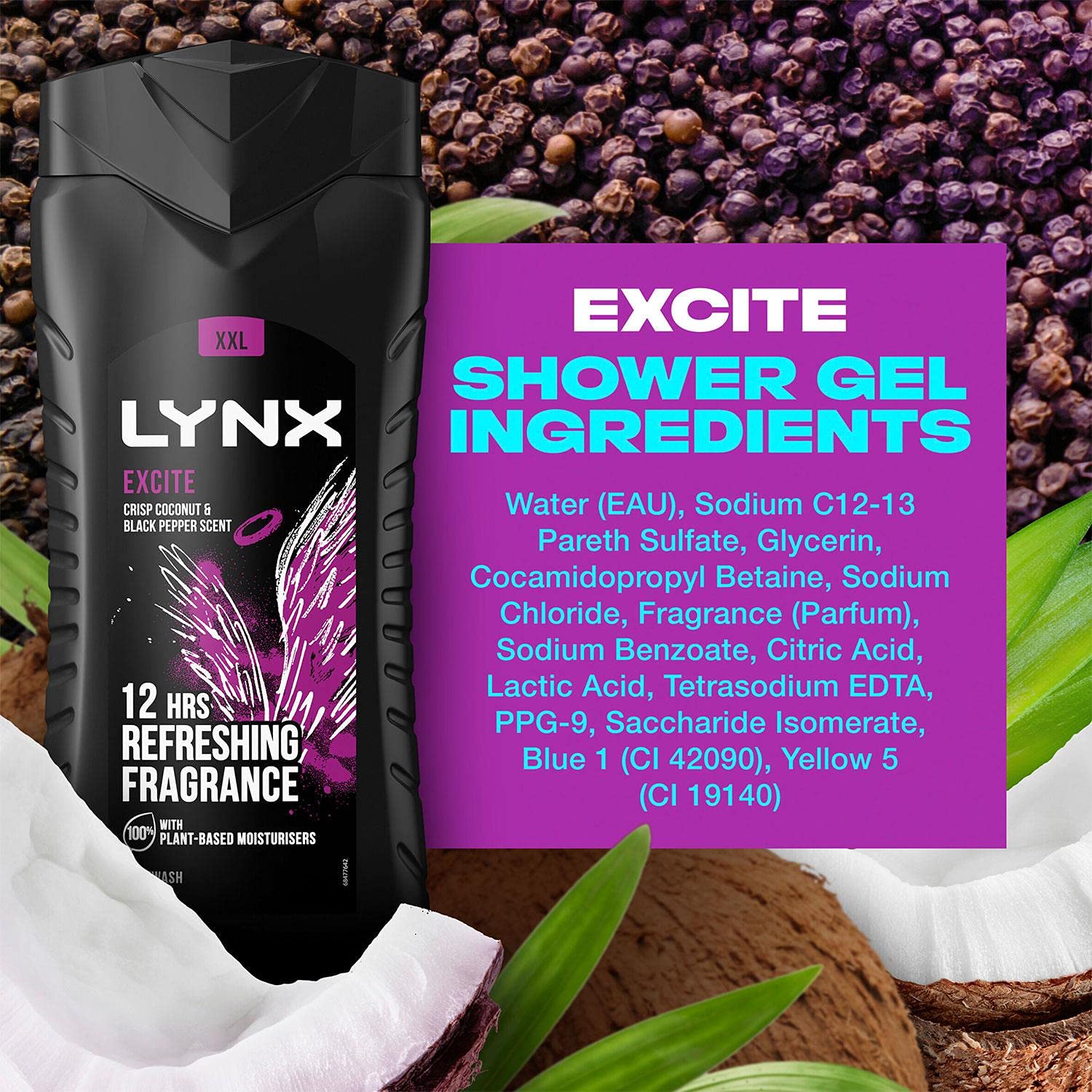Lynx Excite Shower Gel Mens Body Wash, 225ml (6 Pack)