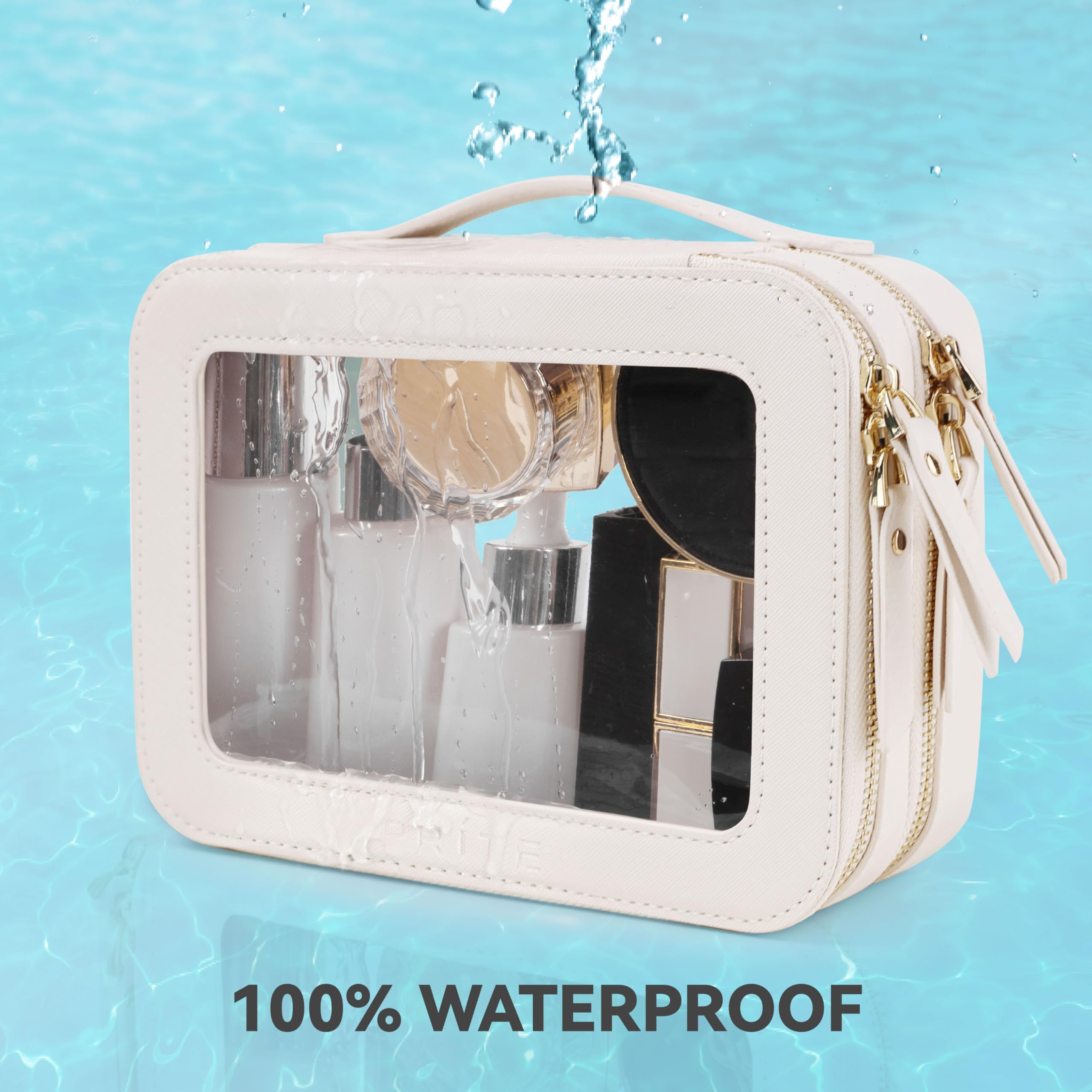 Prite Large Clear Makeup Bag with Gift Box Double Sided Cosmetic Case Two Layer Travel Toiletry Bag with Zippers and Compartment (Beige)