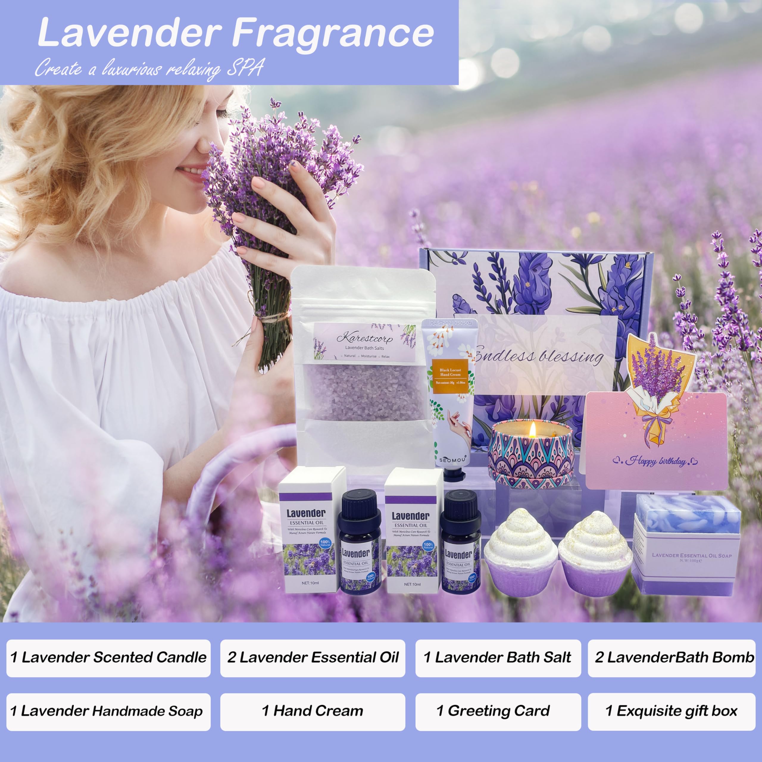 Bath Set Birthday Gifts for Women, Lavender Pamper Hampers for Her, Self Care Skin Care Gifts Box for Mum Best Friend Sister Wife Girlfriend, Ladies Relaxation SPA Bath Bombs Gift Set