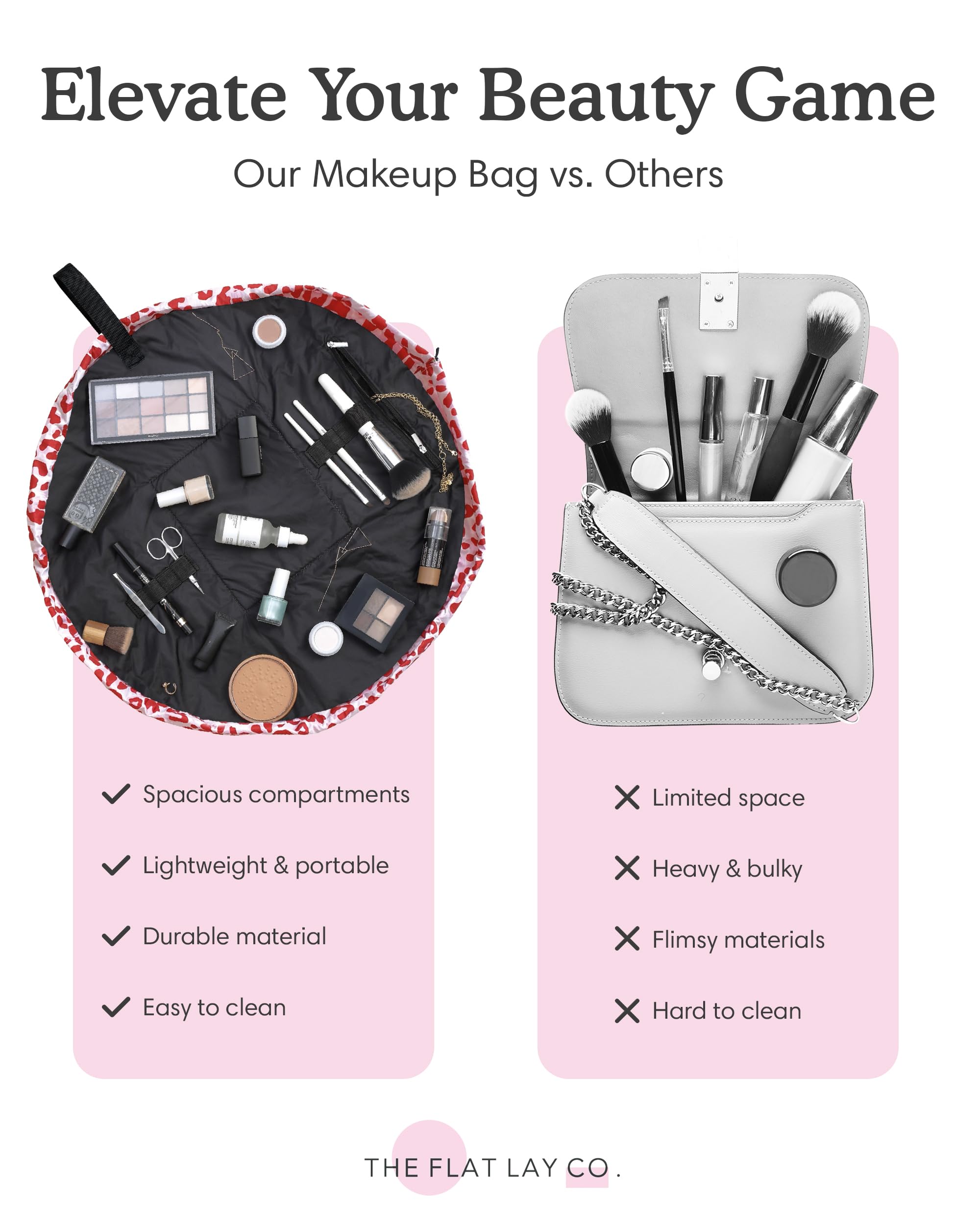 The Flat Lay Co. Makeup Bag - Blush Pink Travel Make Up Organiser for Cosmetics, Eyeshadow, Make-Up Brushes, Lipstick & Tools - Drawstring Makeup Bag Storage with Brush Holder & Large Pockets
