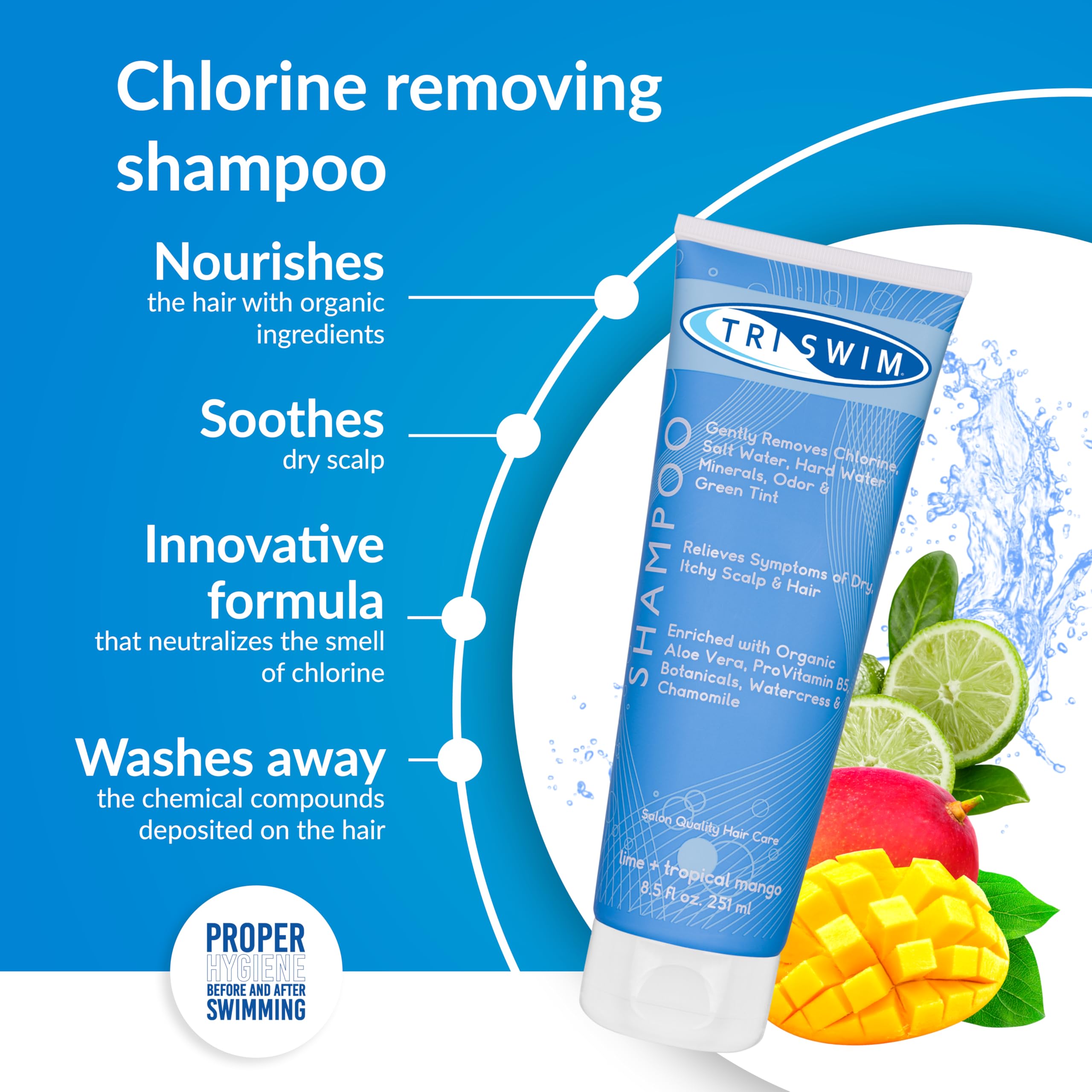 TRISWIM Chlorine Removal Shampoo | After Swim Care | Moisturising Anti-Chlorine Vegan Shampoo For Swimmers | Removes Green Tint | Lime & Mango (251ml)
