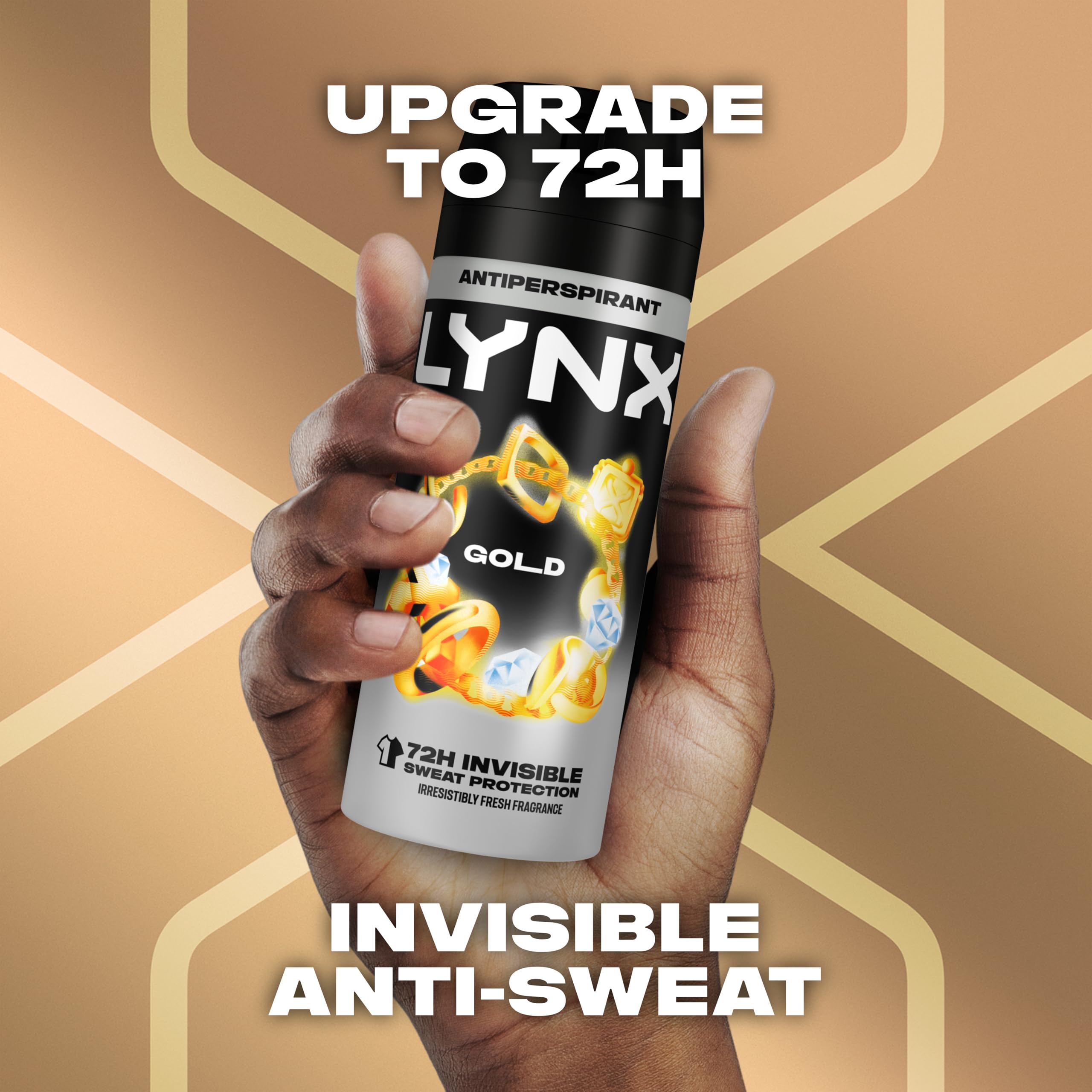 Lynx Gold Anti-Perspirant Aerosol Men's Deodorant Spray with ProScent technology and an oud wood & fresh vanilla scent for 72 hours protection against odour and wetness 6x 150 ml (Package may vary)