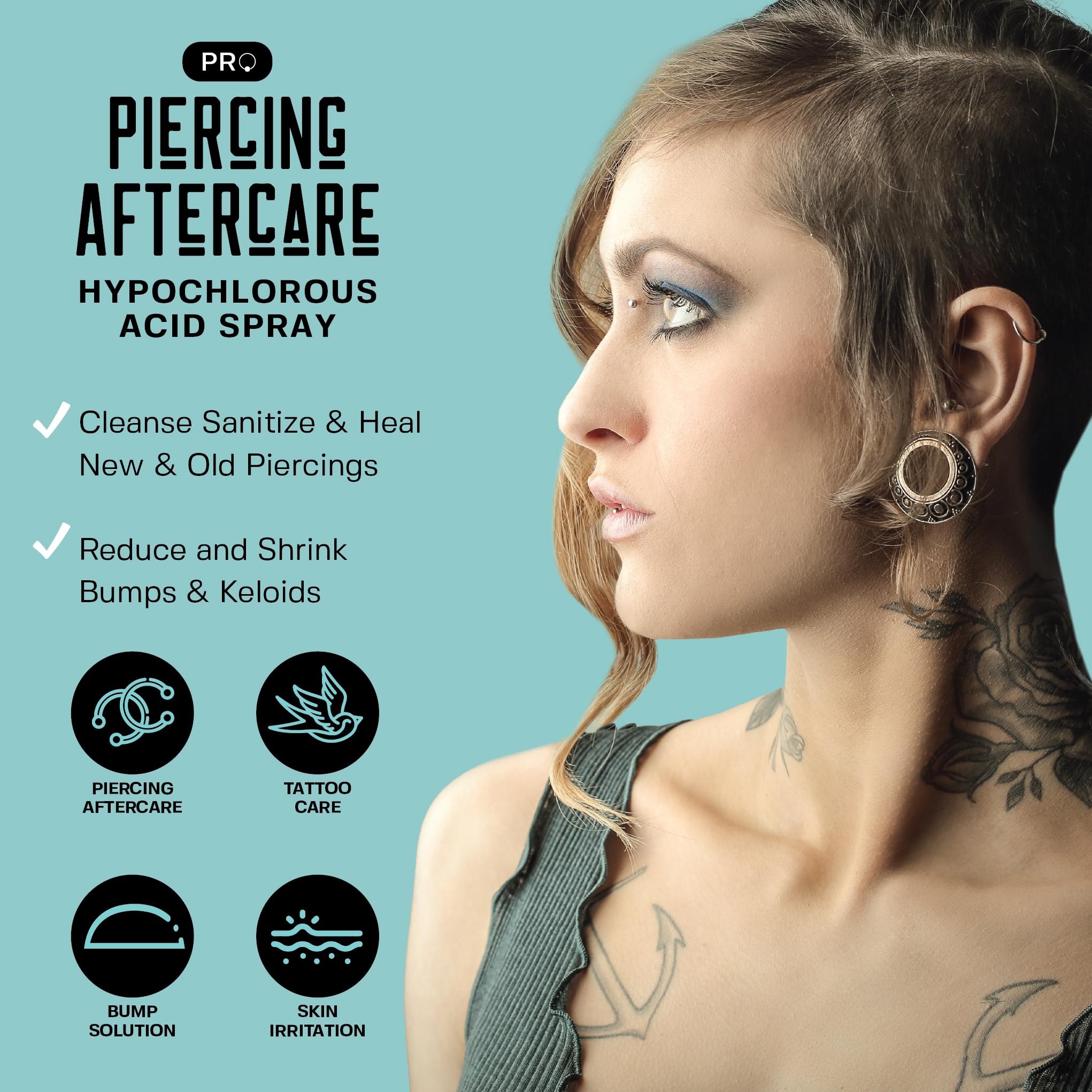 BASE LABORATORIES Piercing Aftercare Hypochlorous Acid Spray 8oz | Piercing Cleaning Solution - Saline Solution Piercing Aftercare for Ear Piercings, Nose, Belly - Piercing Cleaner Solution Pro