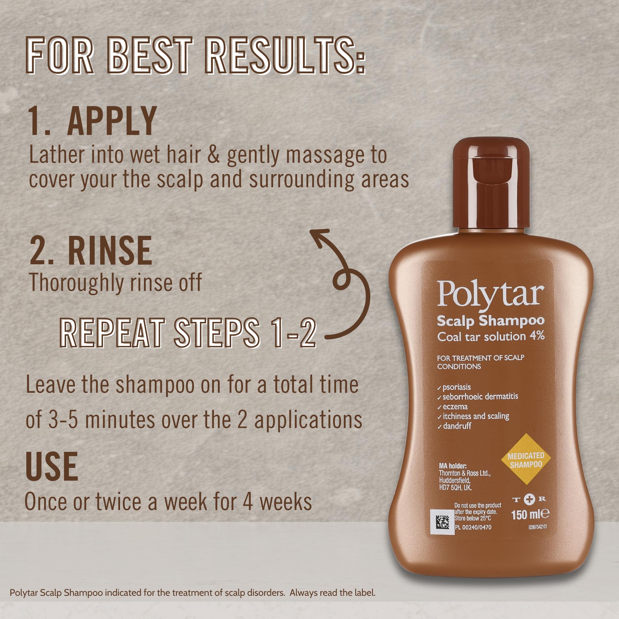 Polytar Scalp Shampoo, For Scalp Conditions, Reduces Itching, Inflammation and Scales, Shampoo Treats Psoriasis, Seborrhoeic Dermatitis, Eczema and Dandruff, Contains Coal Tar Solution, 1 x 150ml
