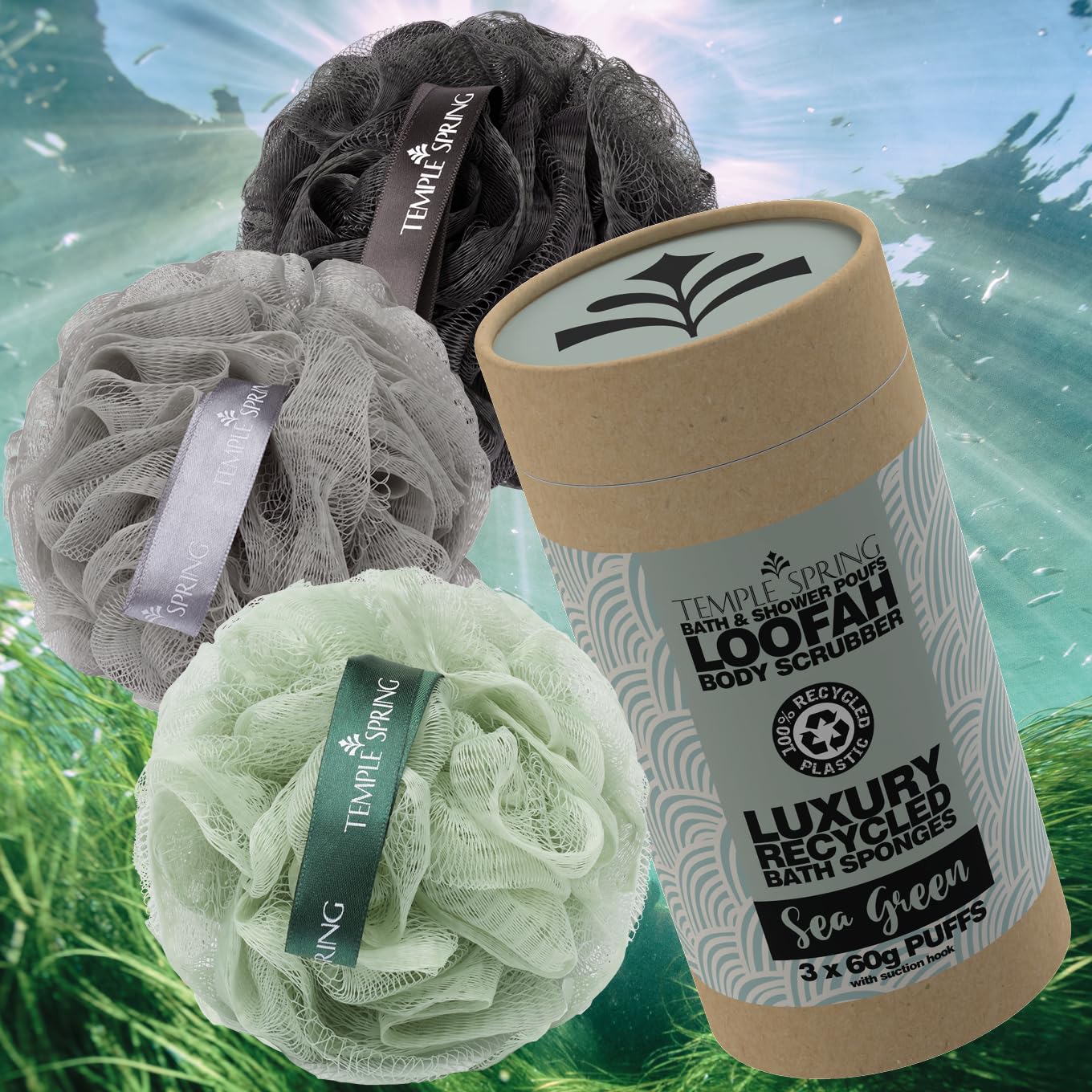 Temple Spring Loofah Shower Sponge, Recycled Body Scrubber Scrunchies, Exfoliating Bath Sponge, Shower Puff Bath Sponges for Adults, Loofah Back Scrubber Pouffe, Loofa Body Scrub Exfoliator -Sea Green