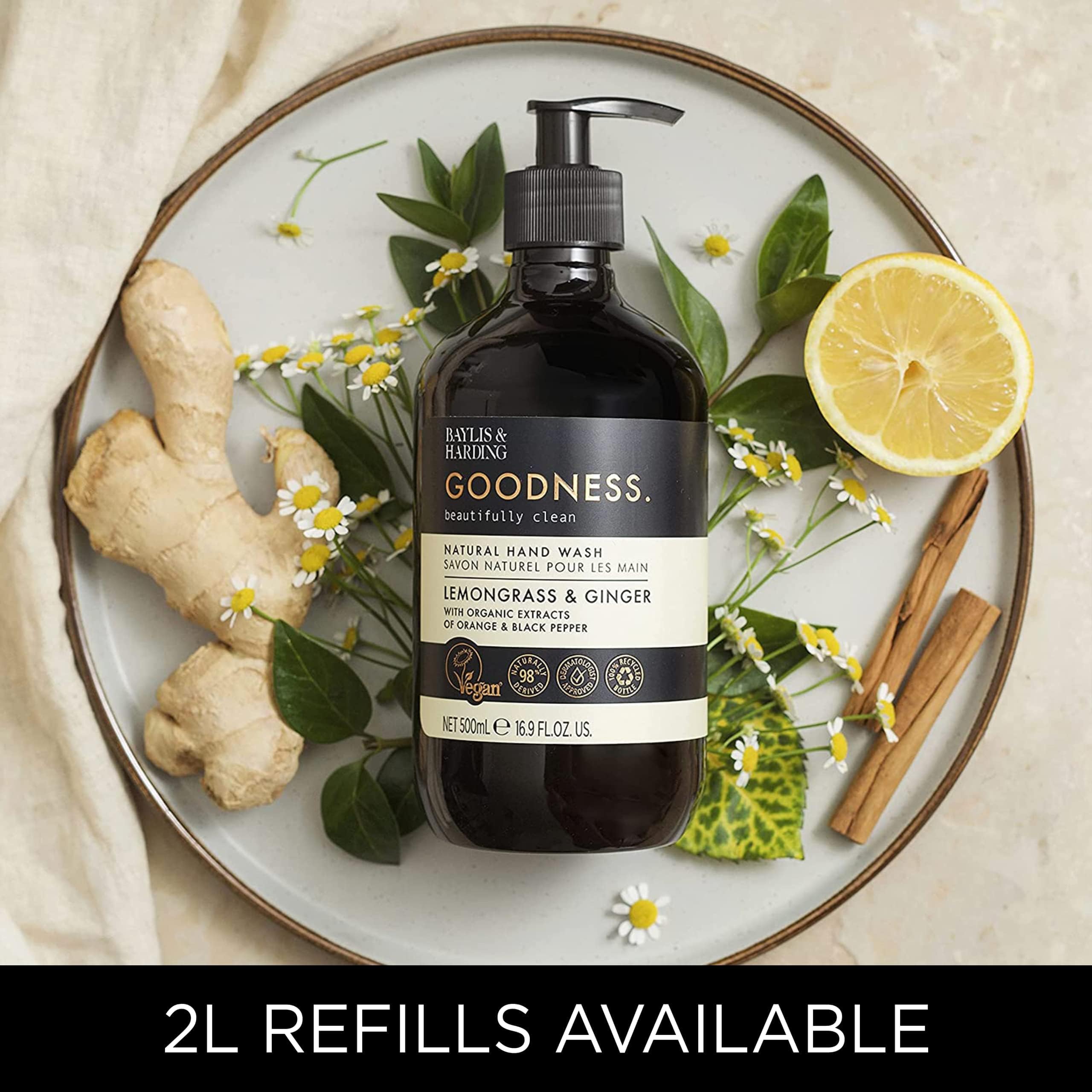 Baylis & Harding Liquid Hand Soap Wash with Dispenser, Goodness, Lemongrass & Ginger, 16.9oz/500ml (3-Pack)