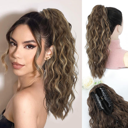 FINE PLUS Ponytail Extension Claw Synthetic Curly Wavy Claw Clip in Ponytail Hair Extensions 18INCH Curly Ponytail Extension Hair Hairpieces for Daily Party Use Dark Cool Brown Color