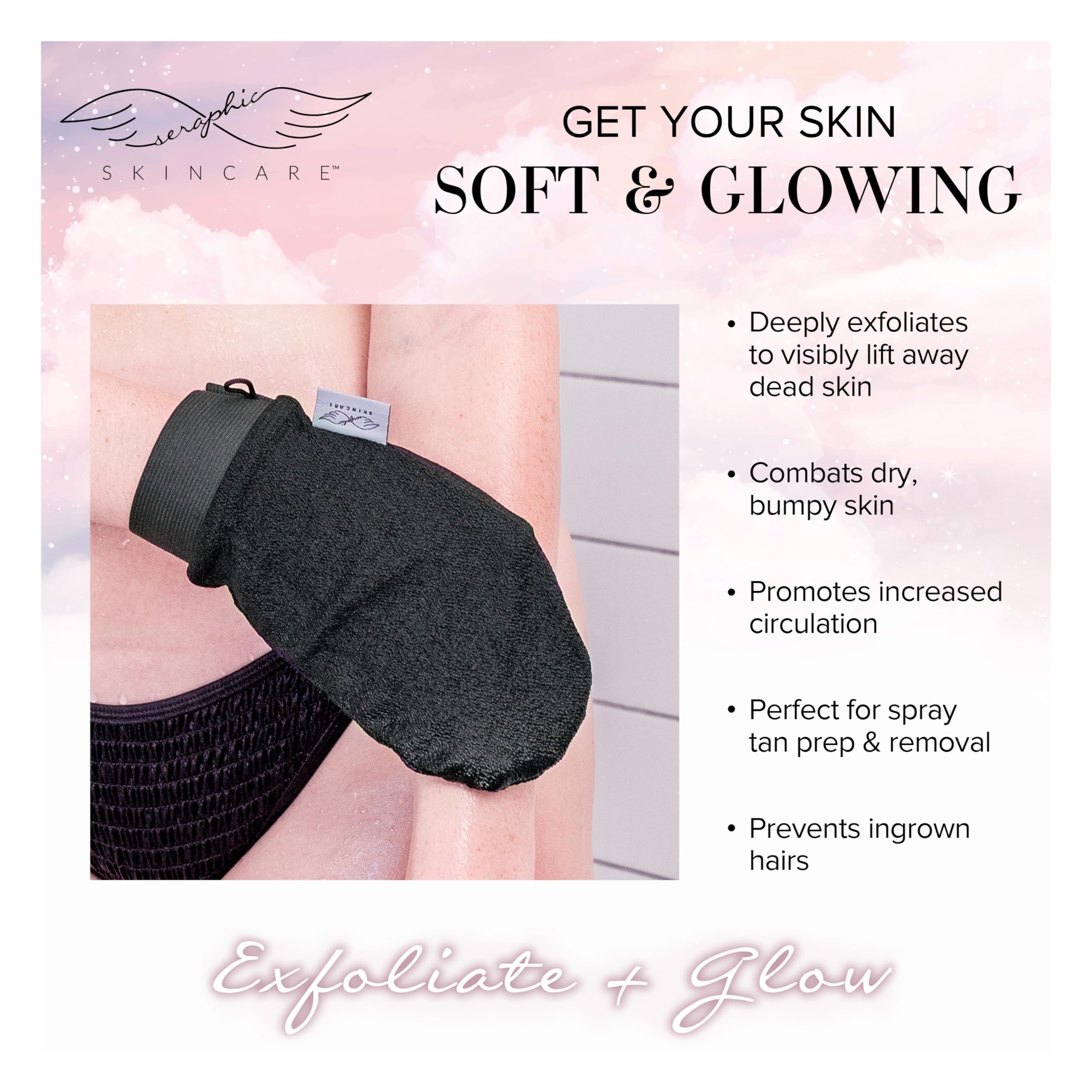 Seraphic Skincare Korean Exfoliating Gloves (1pc) Microdermabrasion at Home, Exfoliating Mitts Visibly Lift Away Dead Skin, Great for Spray Tan Removal, Made of 100% Viscose Fiber