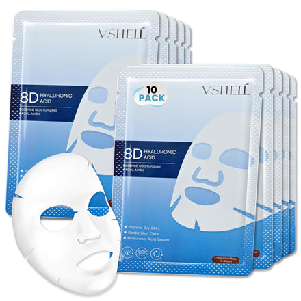 Hyaluronic Acid Face Sheet Mask, Set of 10 - Hydrating Korean Beauty Treatment - Moisturising Facial Skincare for Women and Men - With Aloe Vera, Trehalose and Anti Aging Squalene