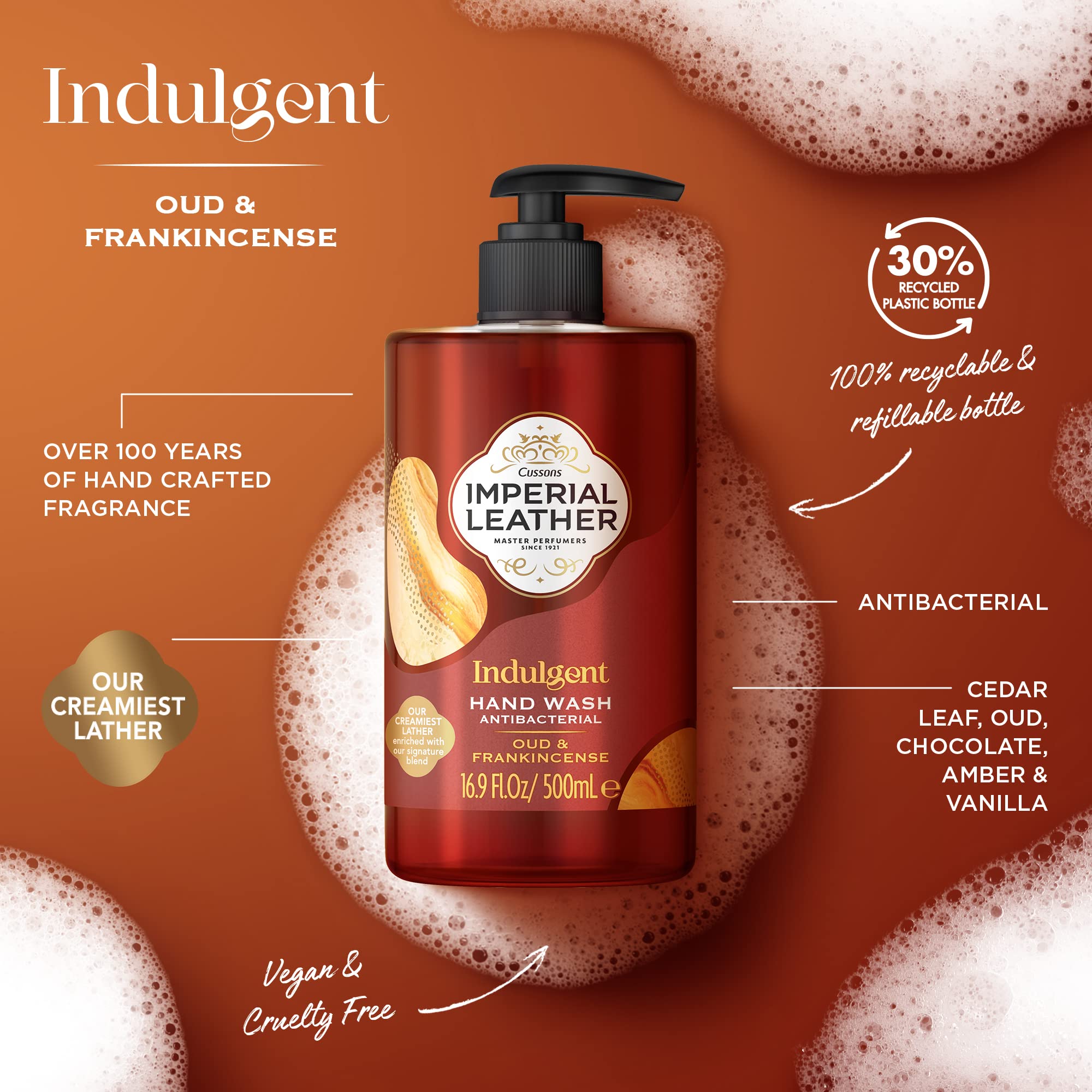 Imperial Leather Indulgent Hand Wash, Oud & Frankincense, Antibacterial, Signature Oil Blend, Gentle Skin Care, Bulk Buy, Pack of 6 x 500ml
