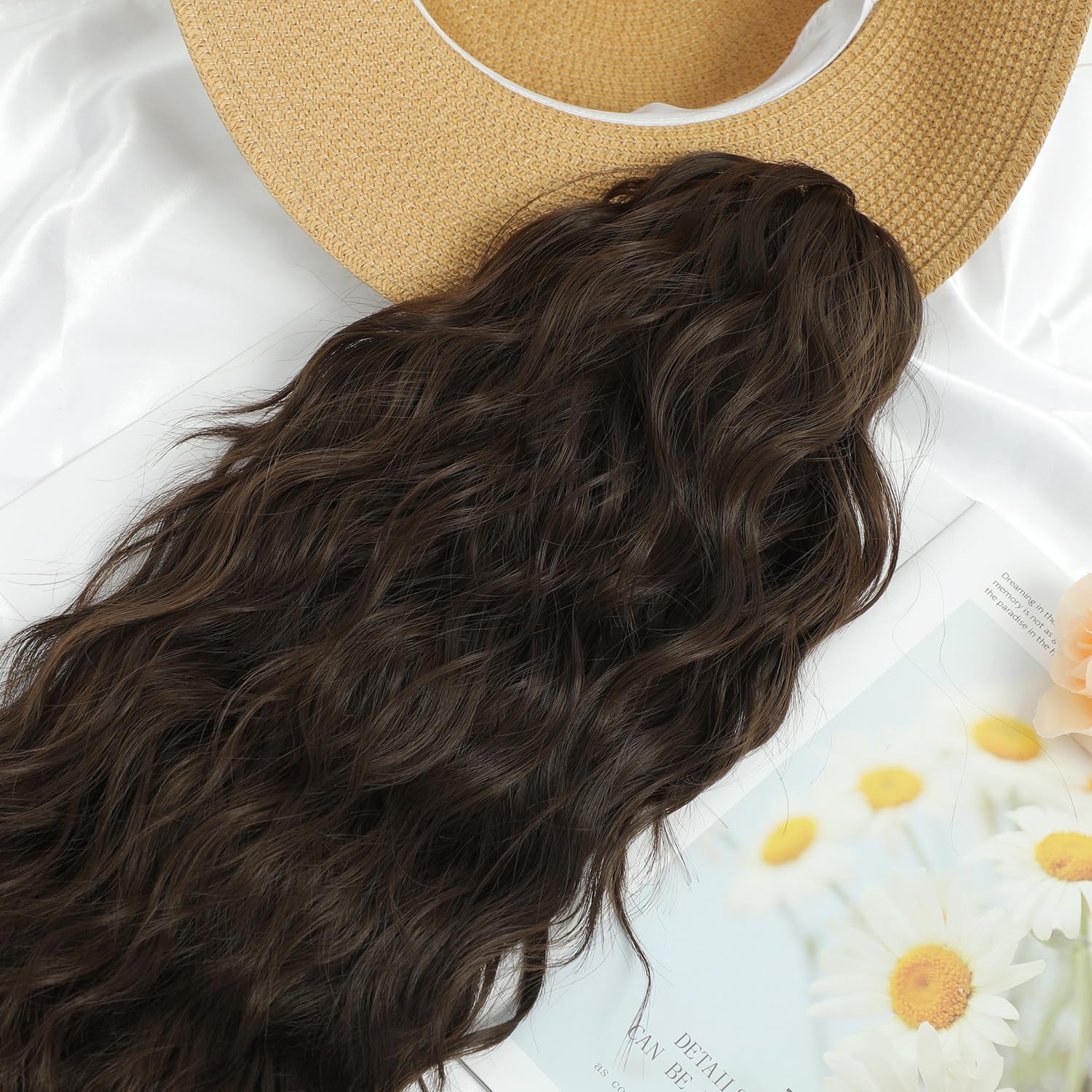 FINE PLUS Ponytail Extension Claw Clip in Ponytail Hair Extensions Synthetic Claw Curly Ponytail Extension for Women 18inch Curly Wave Claw Clip Ponytail Hairpiece Dark Chocolate Brown