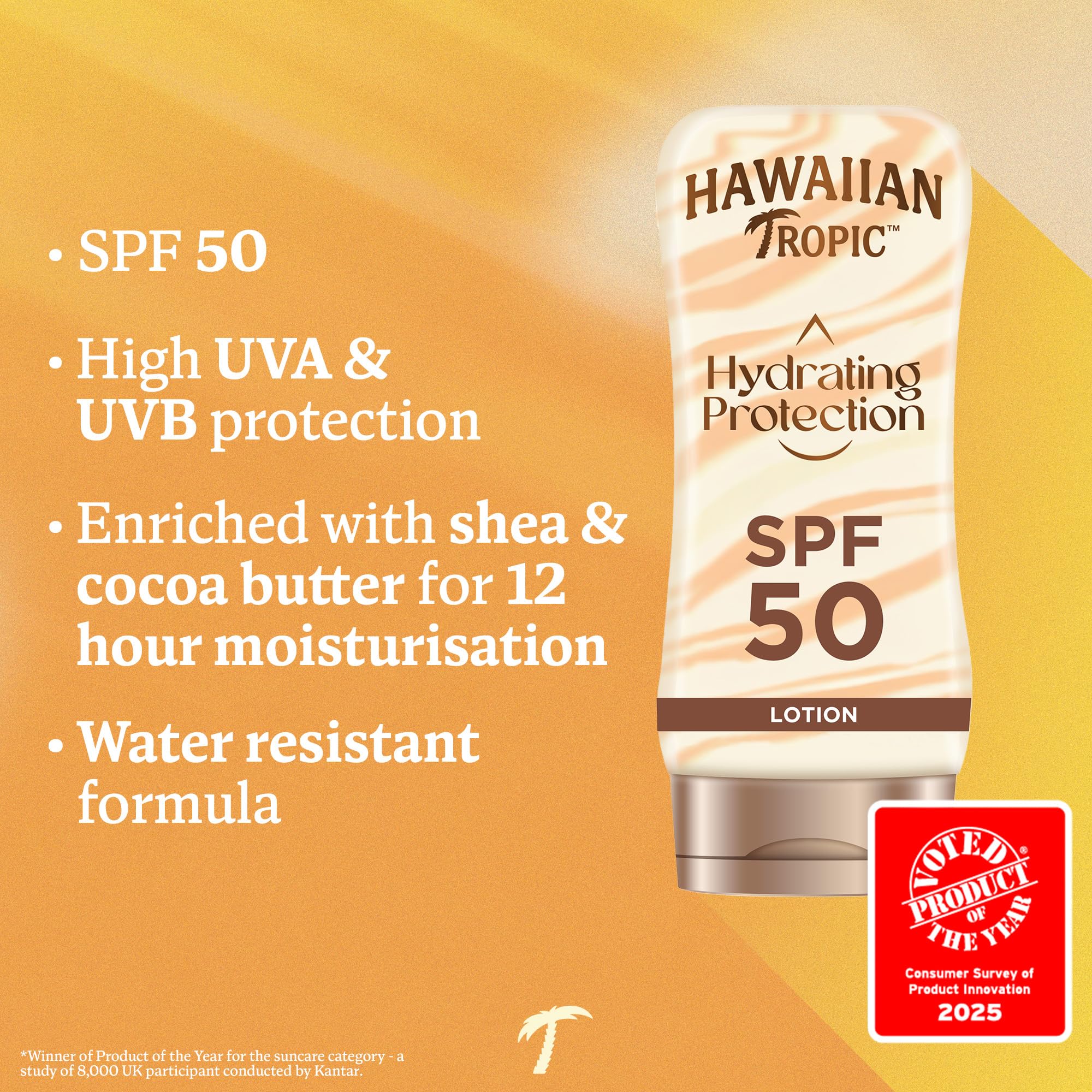 Hawaiian Tropic Hydrating Protection Sunscreen SPF 50 UVA Plus UVB Protection, 180 ml, 12-Hour Moisturisation with Cocoa & Shea Butter, Water Resistant, Vegan
