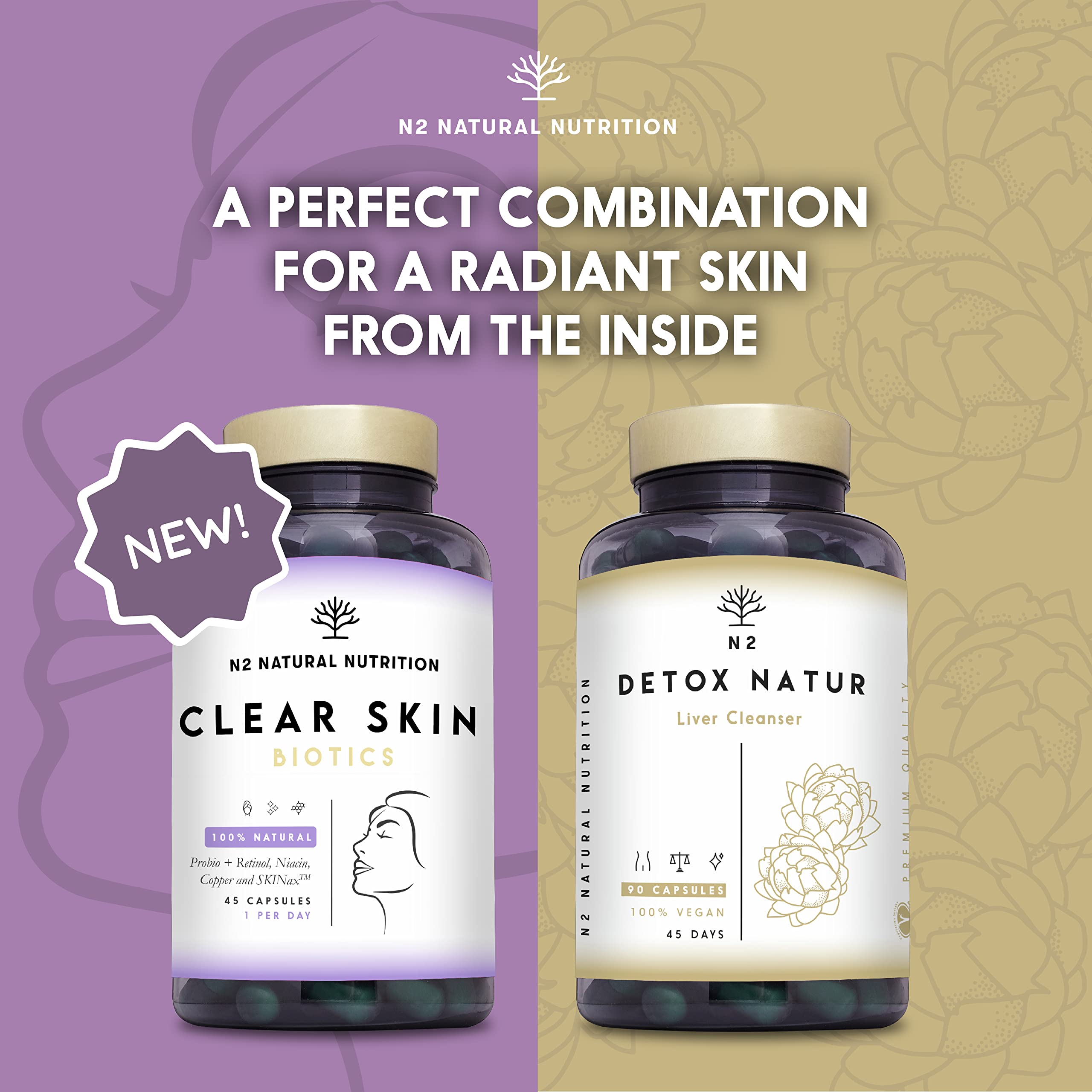 Probiotics for a Healthy Skin. Reduces Spots & Imperfections. Anti Acne effect. Improves Elasticity, Firmness & Luminosity. With SKINAX²™, Zinc & Vitamins. 45 capsules. CE. Vegan. N2 Natural Nutrition