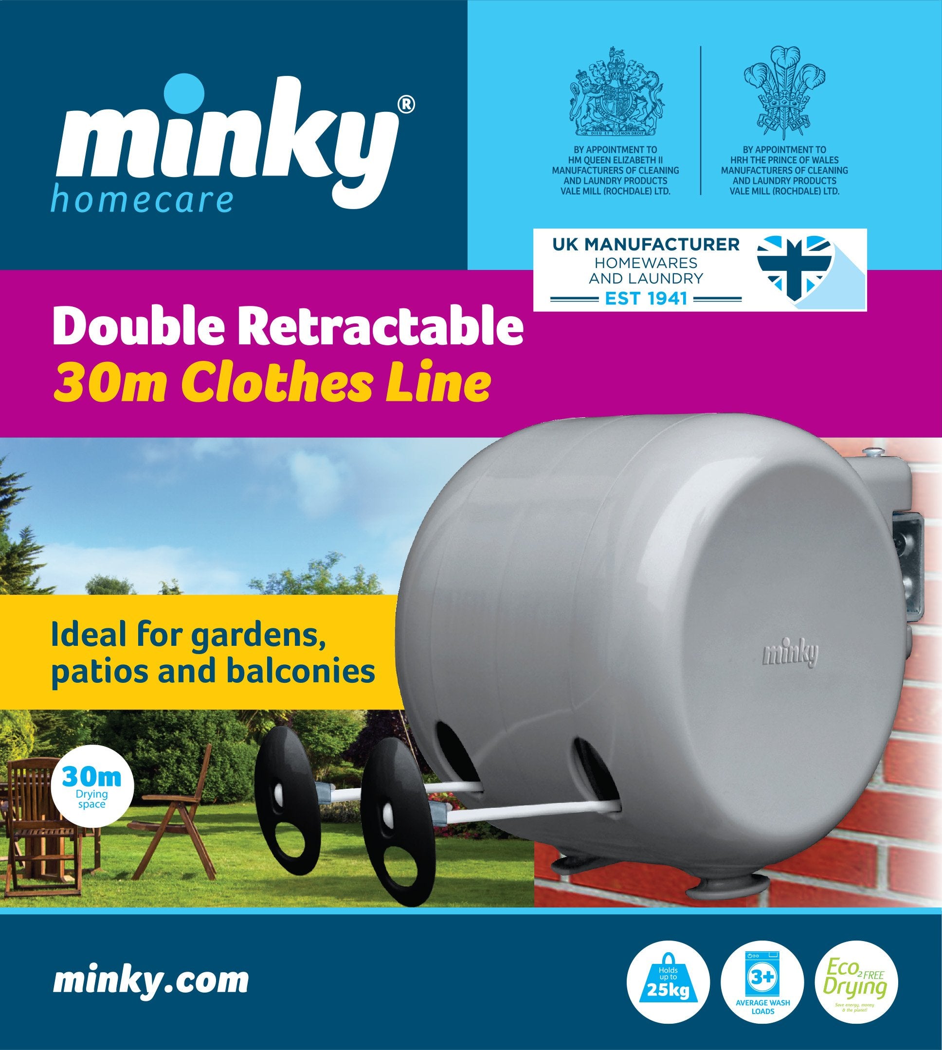 Minky Homecare Outdoor Retractable Dual Clothesline - Heavy Duty PVC Coated Line - Energy and Space Saving Removable Laundry Drying Line - 2 x 49 Feet