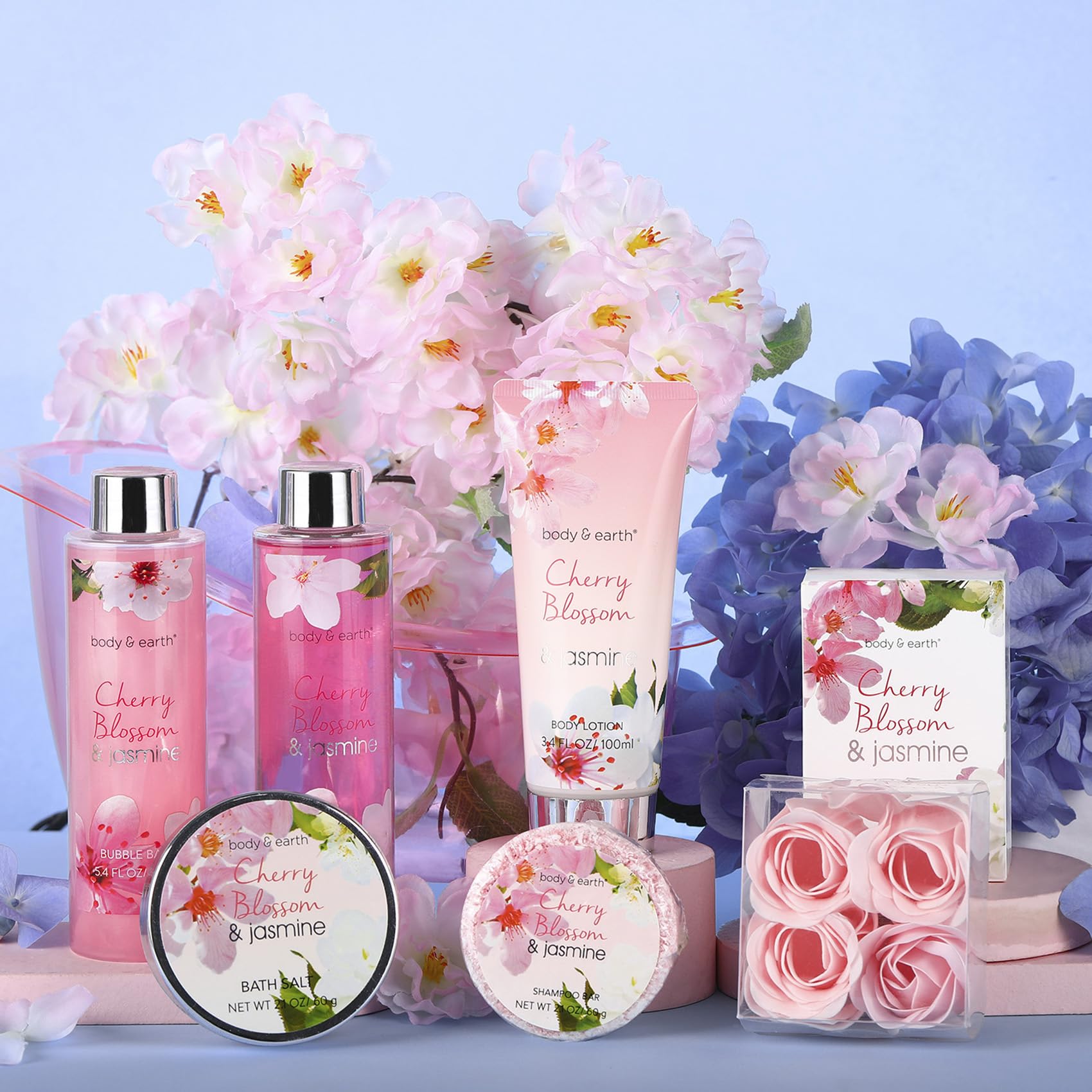 BODY & EARTH , 8pcs Pamper Gifts for Women with Cherry Blossom&Jasmine, Includes Bubble Bath, Soap, Birthday Gifts for Women, Valentines Gifts for Her, Spa Bath Sets