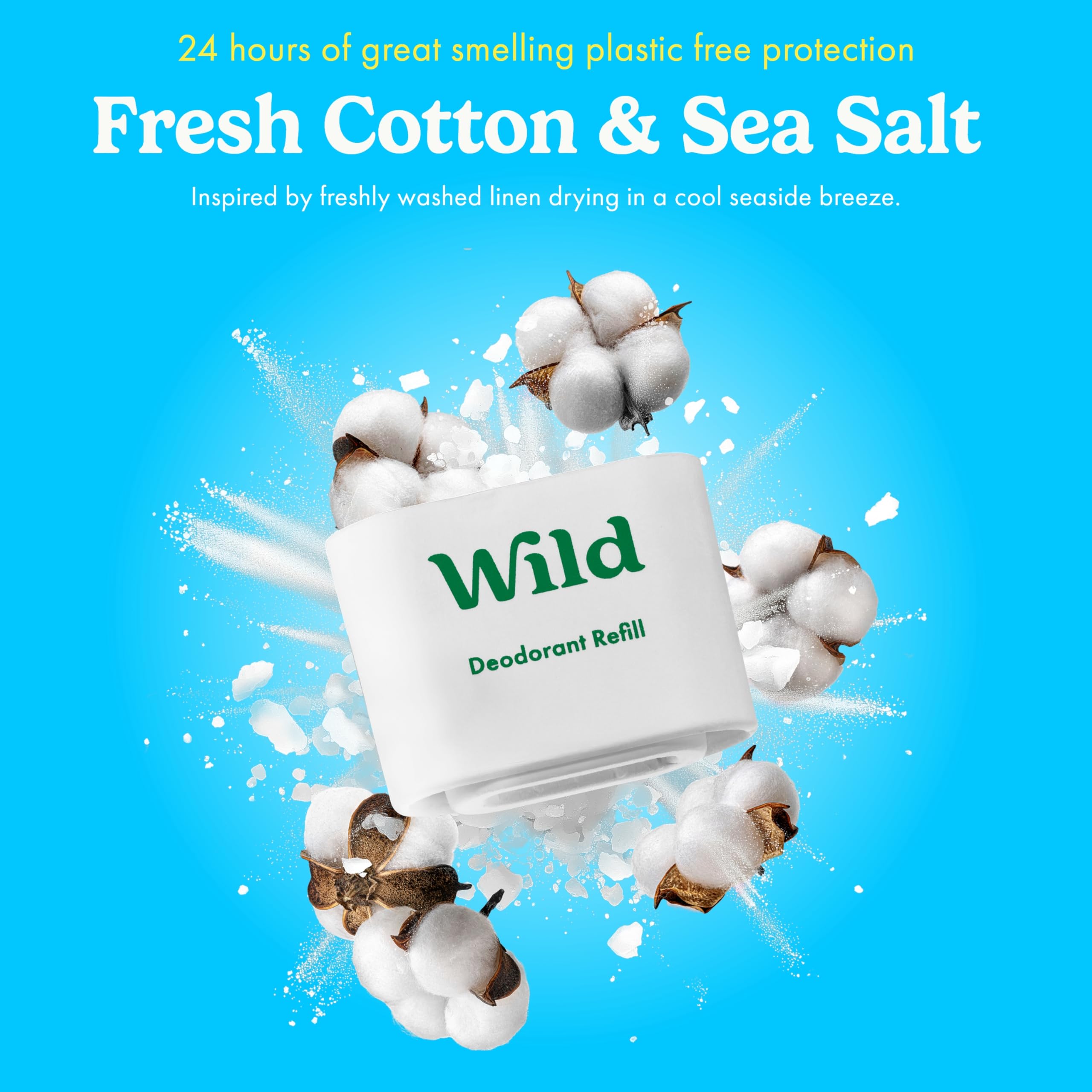 Wild - Aqua Case with Refill Variety Pack (3 x 40g) - Natural Refillable Deodorant - Aluminium Free - Includes Fresh Cotton & Sea Salt, Cherry Blossom and Coconut & Vanilla Scents - Vegan