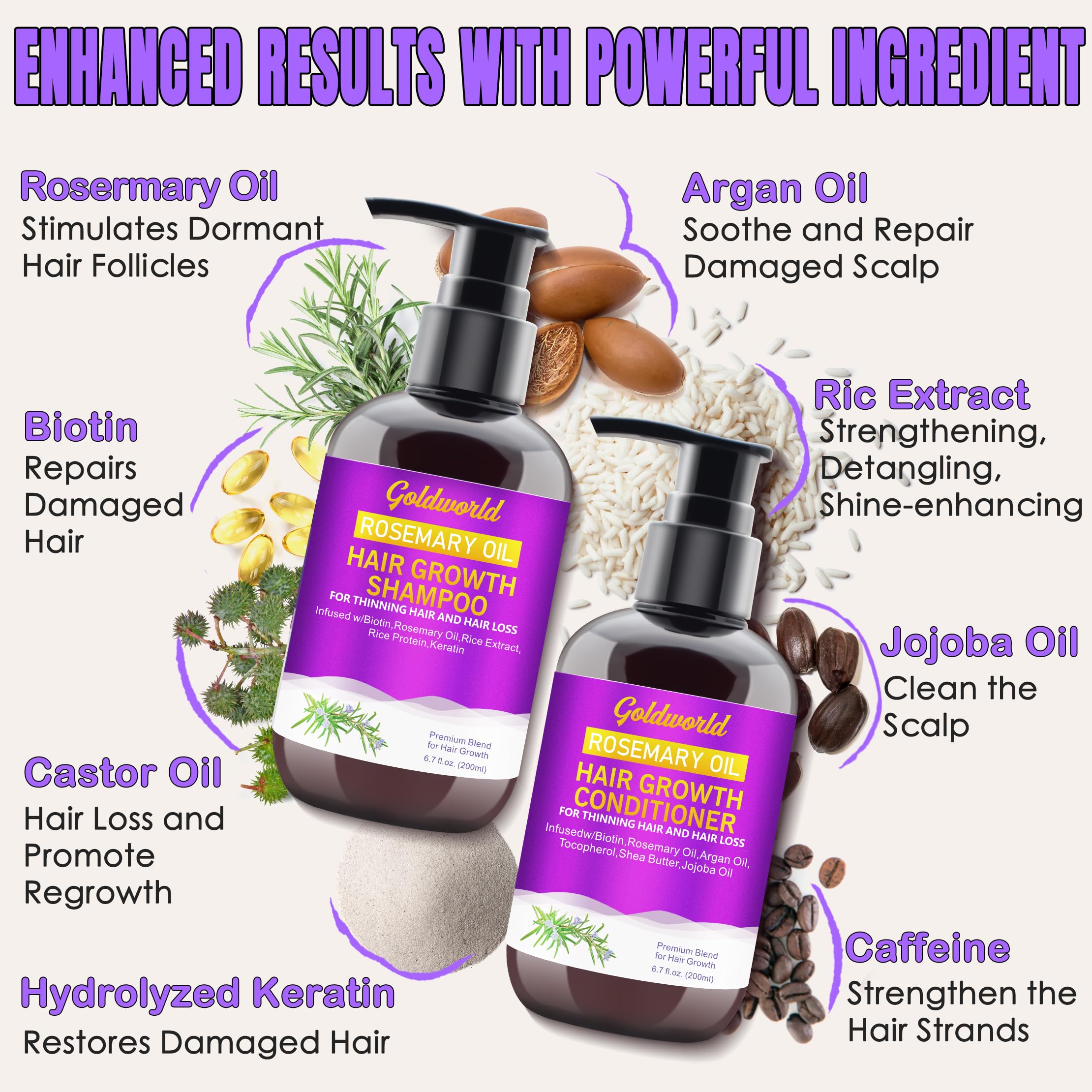 Sulphate Free Rosemary Oil Biotin Shampoo w/Scalp Massager & Argan Castor Oil Keratin Rice Water Conditioner Sets for Women's Hair Growth & Thickening - 2 in 1 Set