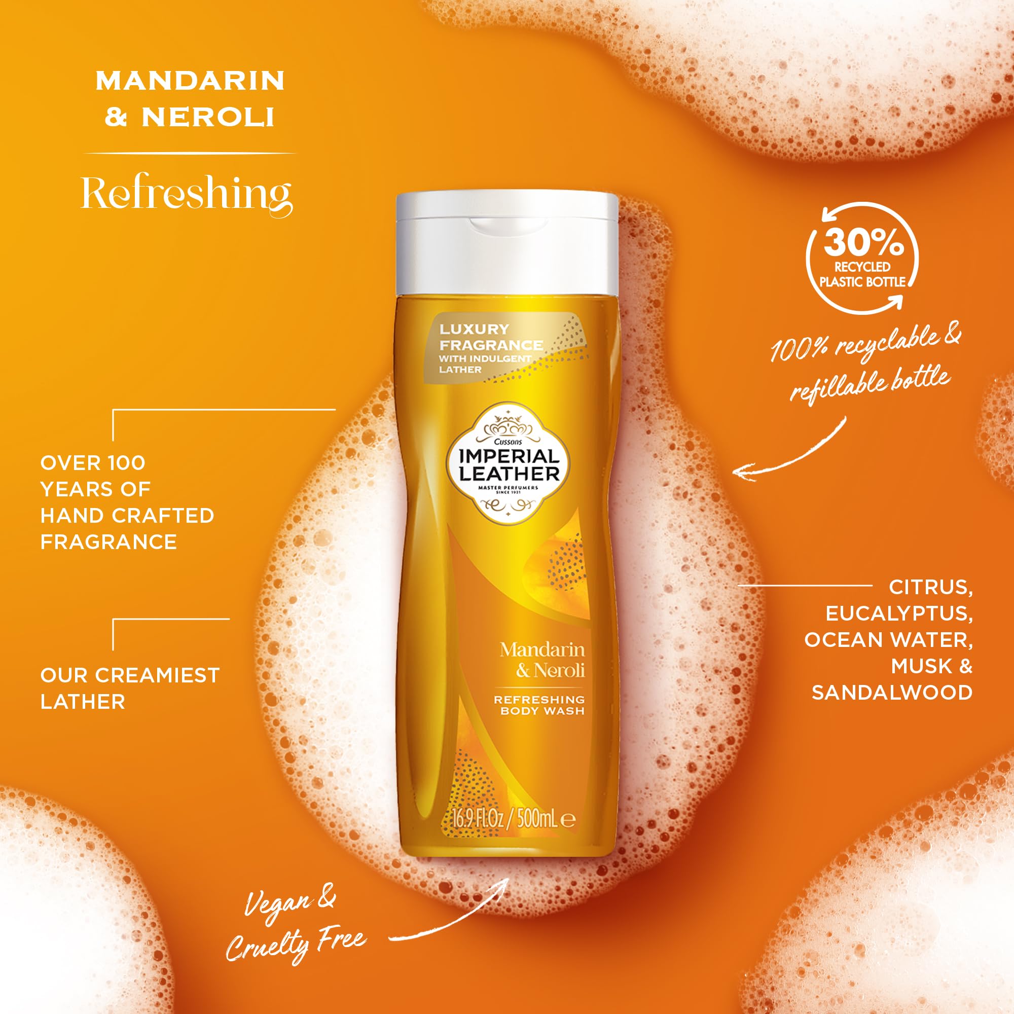 Imperial Leather Mandarin & Neroli Refreshing Body Wash Shower Gel, Signature Oil Blend, Creamy Lather, Gentle Skin Care, Bulk Buy, Pack of 6x500ml