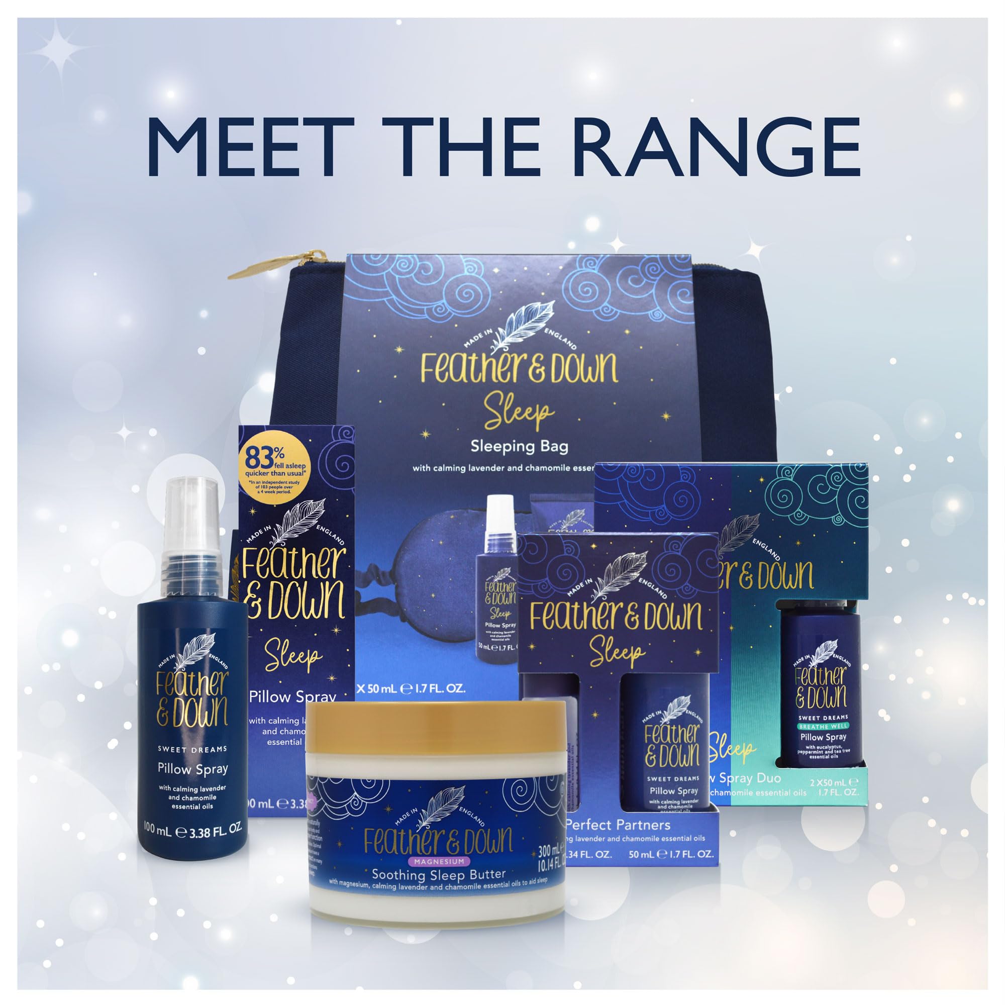 Feather & Down Sleeping Bag Gift Set: Luxury Eye Mask, Sleep Balm, Pillow Spray and Shower Cream, with Calming Lavender & Chamomile Essential Oils, Vegan & Cruelty Free