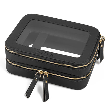 Prite Large Clear Makeup Bag with Gift Box Double Sided Cosmetic Case Two Layer Travel Toiletry Bag with Zippers and Compartment (Black)