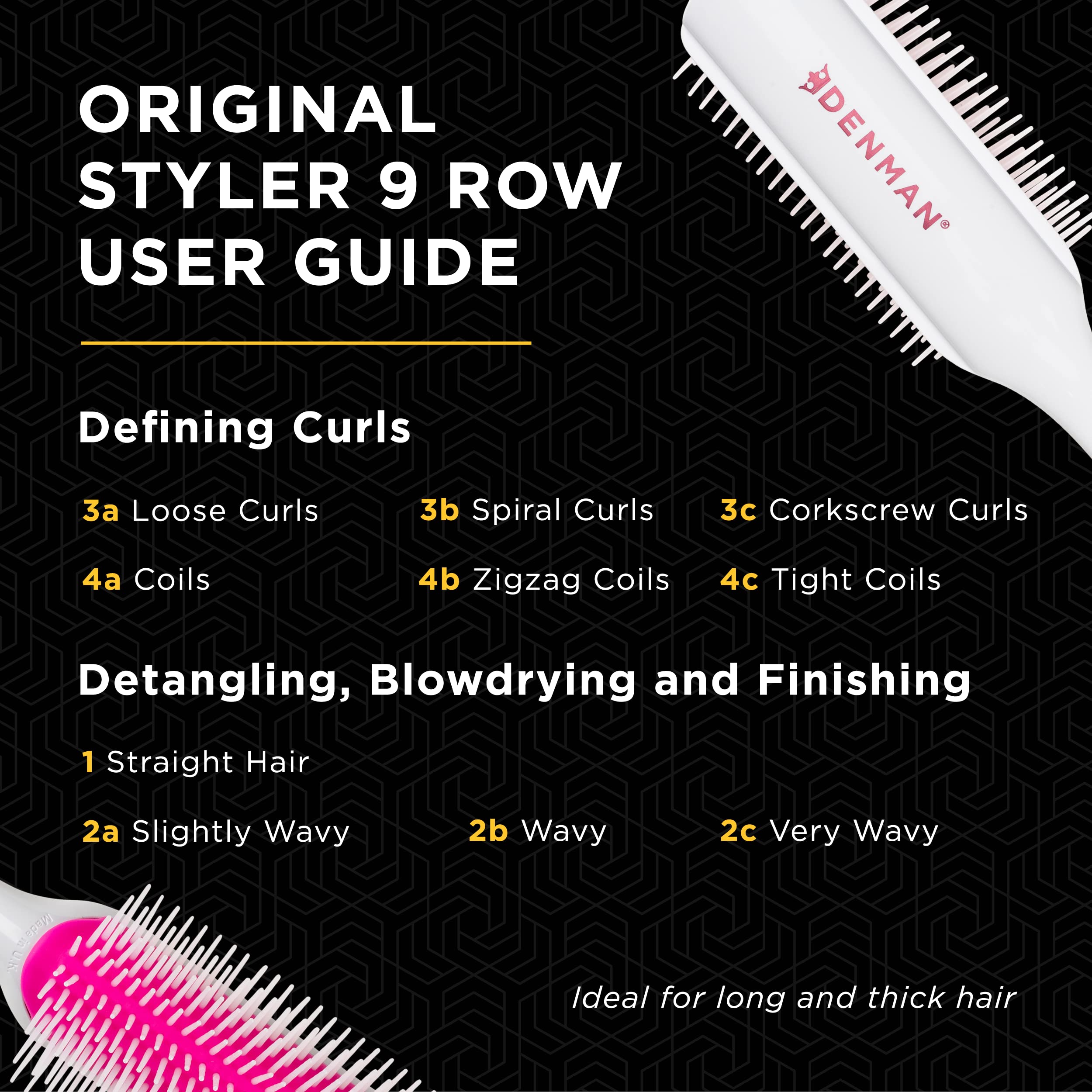 Denman Curly Hair Brush D4 (Cherry Blossom) 9 Row Styling Brush for Styling, Smoothing Longer Hair and Defining Curls - For Women and Men