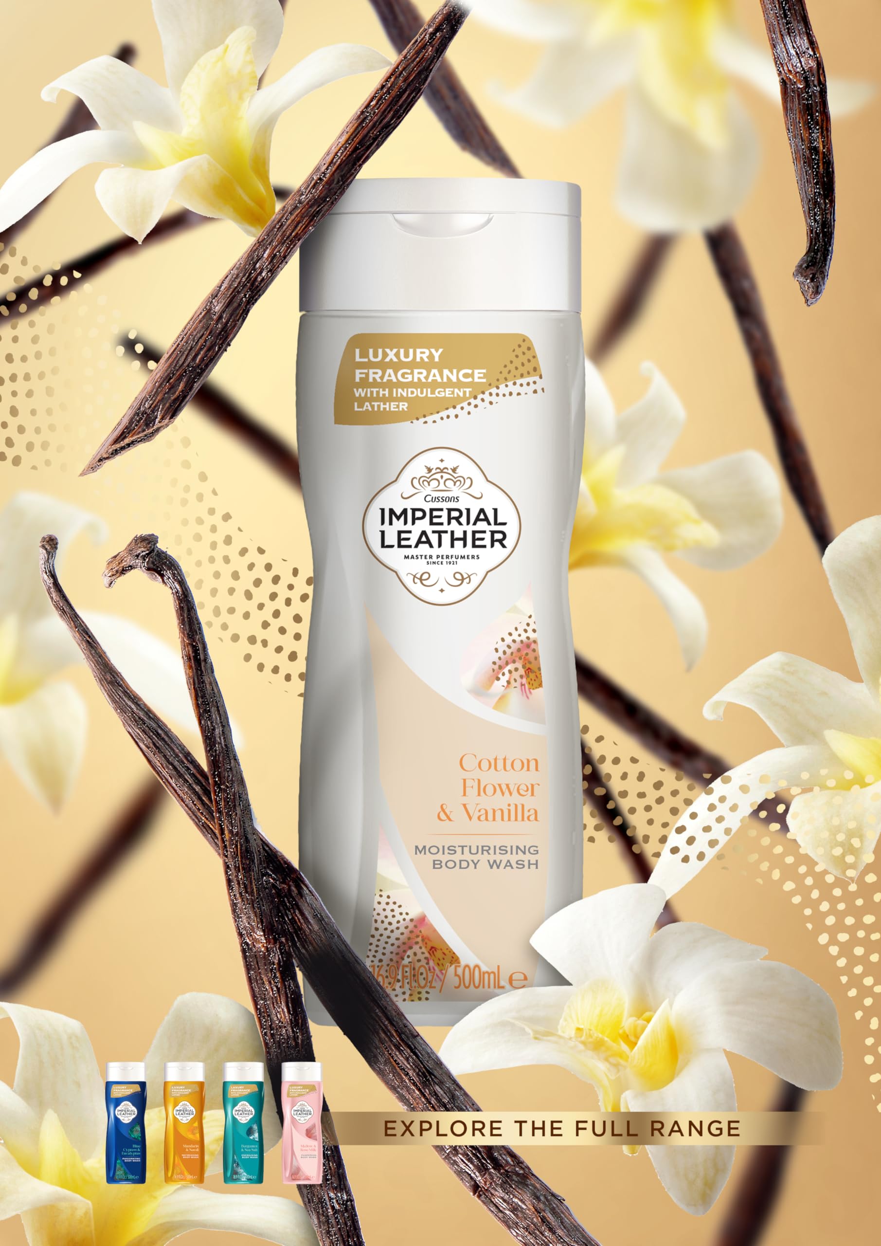 Imperial Leather Cotton Flower & Vanilla Moisturising Body Wash Shower Gel Signature Oil Blend, Creamy Lather, Gentle Skin Care, Bulk Buy, Pack of 6x500ml