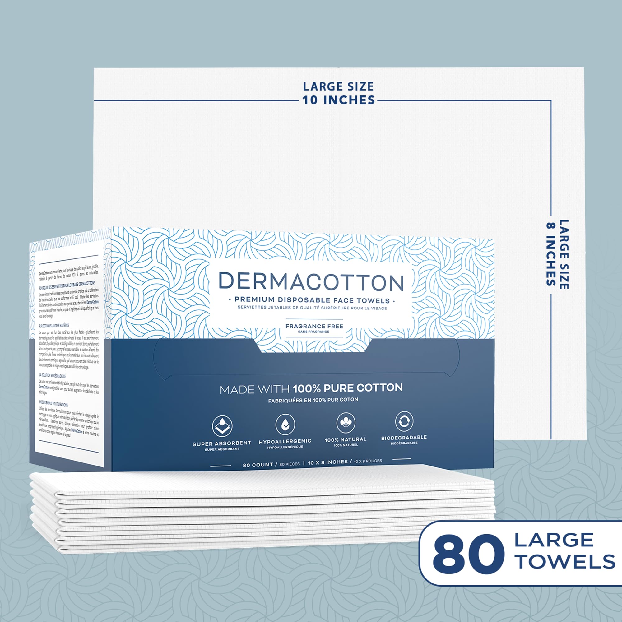 DERMACOTTON 80 Disposable Towels - Pure Cotton, 100% Biodegradable, Hypoallergenic for Face Wash and Makeup Removal – Super Soft Face Wipes, Sensitive Skin, Facial Cloths