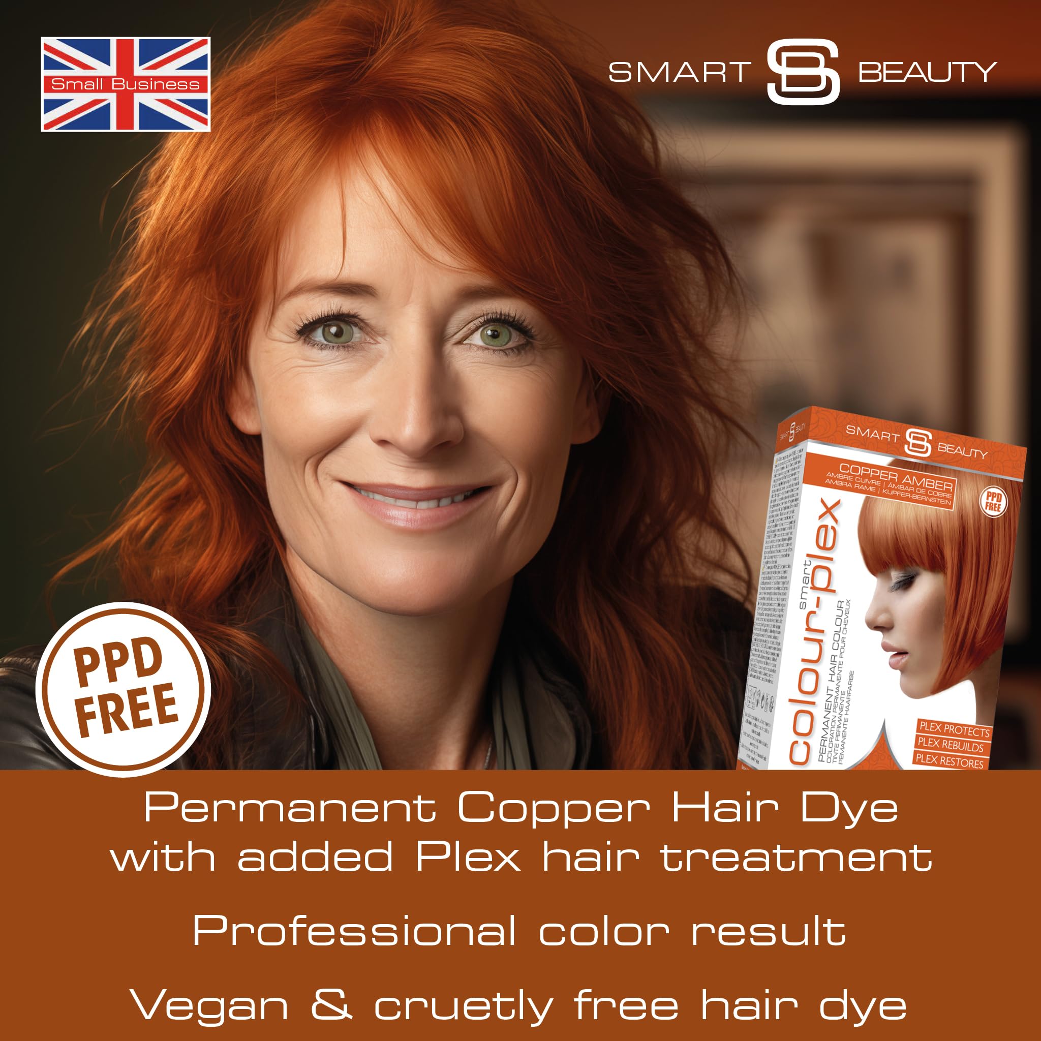 Amber Copper Hair Dye Permanent with Plex Hair Care, PPD free hair dye 100% Grey Hair Coverage Hair dye kit, Ginger Permanent Hair Colour for women and men, Cruelty-Free Vegan Hair Dye by Smart Beauty